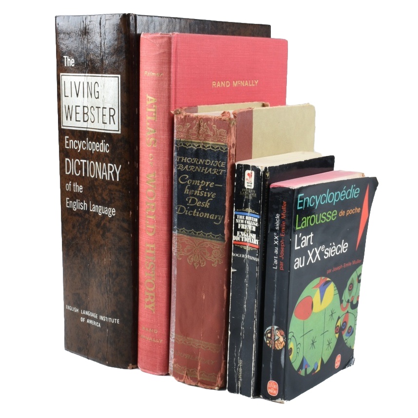 Assortment of Dictionaries, Encyclopedia and an Atlas