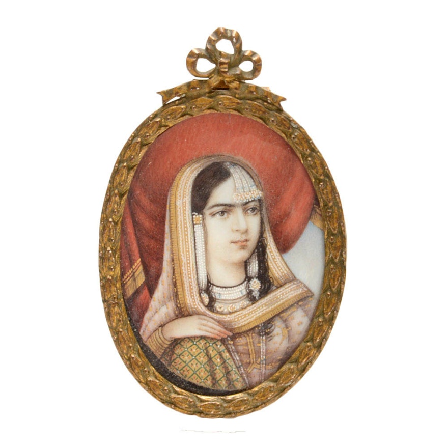 Vintage Original Persian Miniature Tempera Oval Portrait