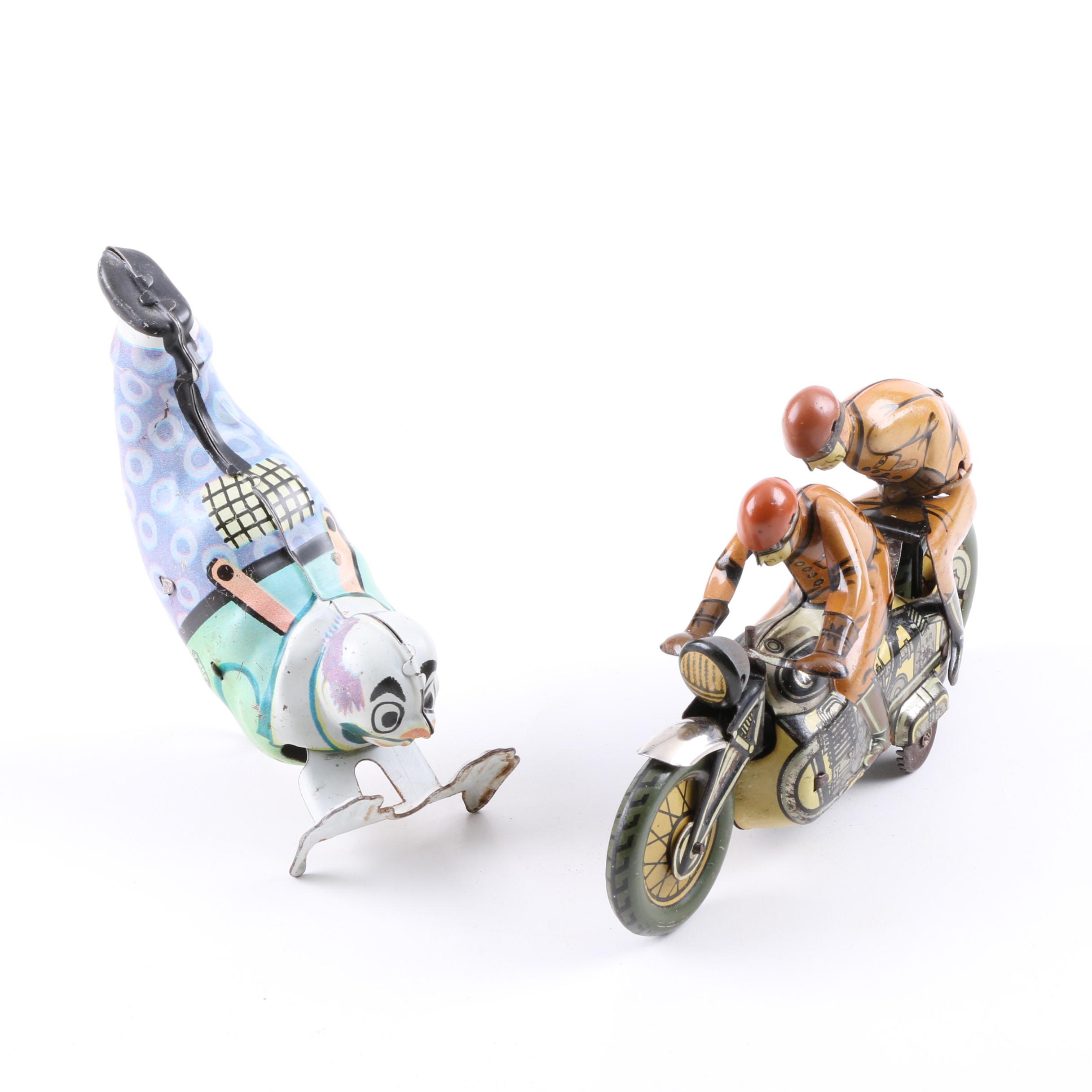 Clown and Motorcycle Vintage Tin Toys