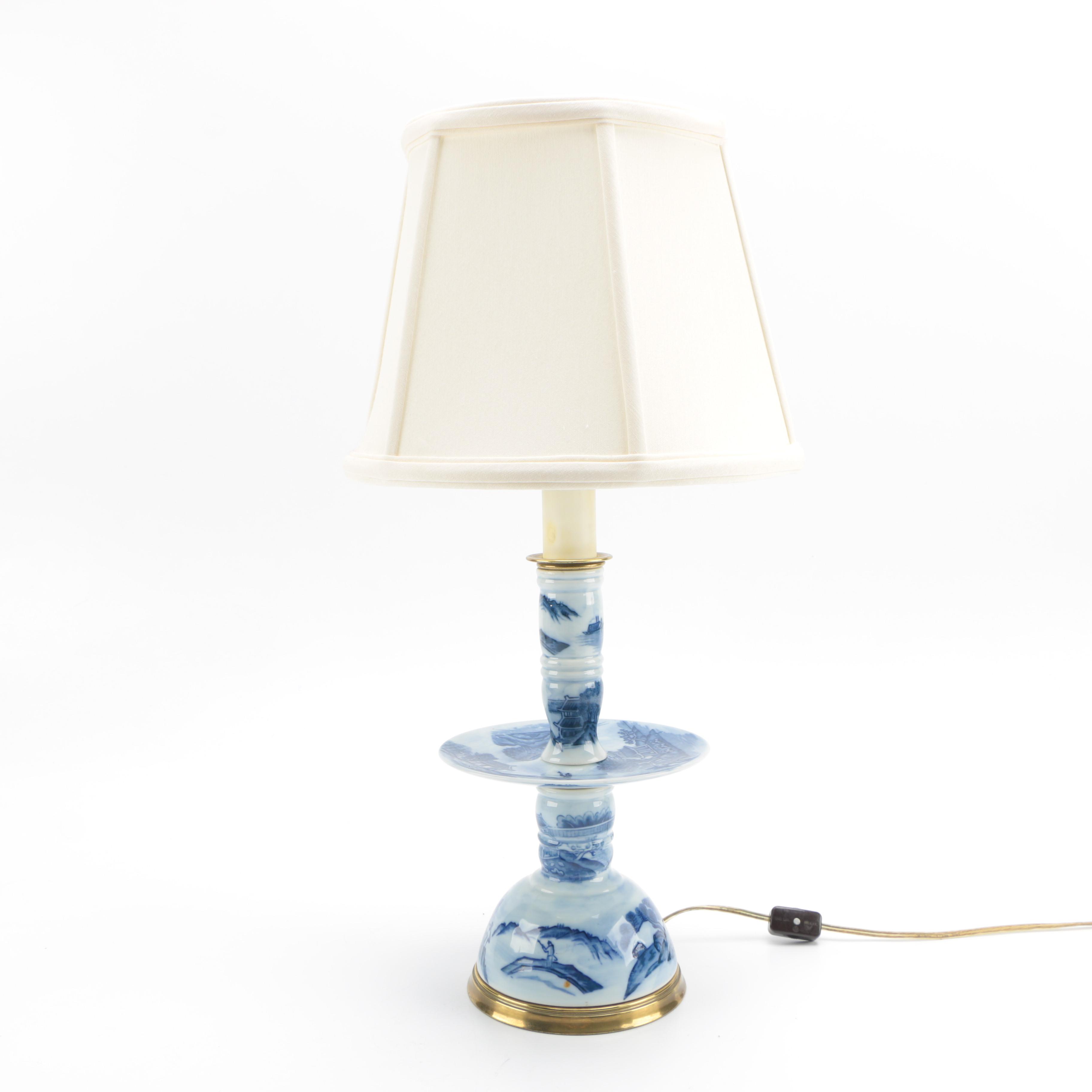 Canton Style Porcelain and Brass Candlestick Lamp