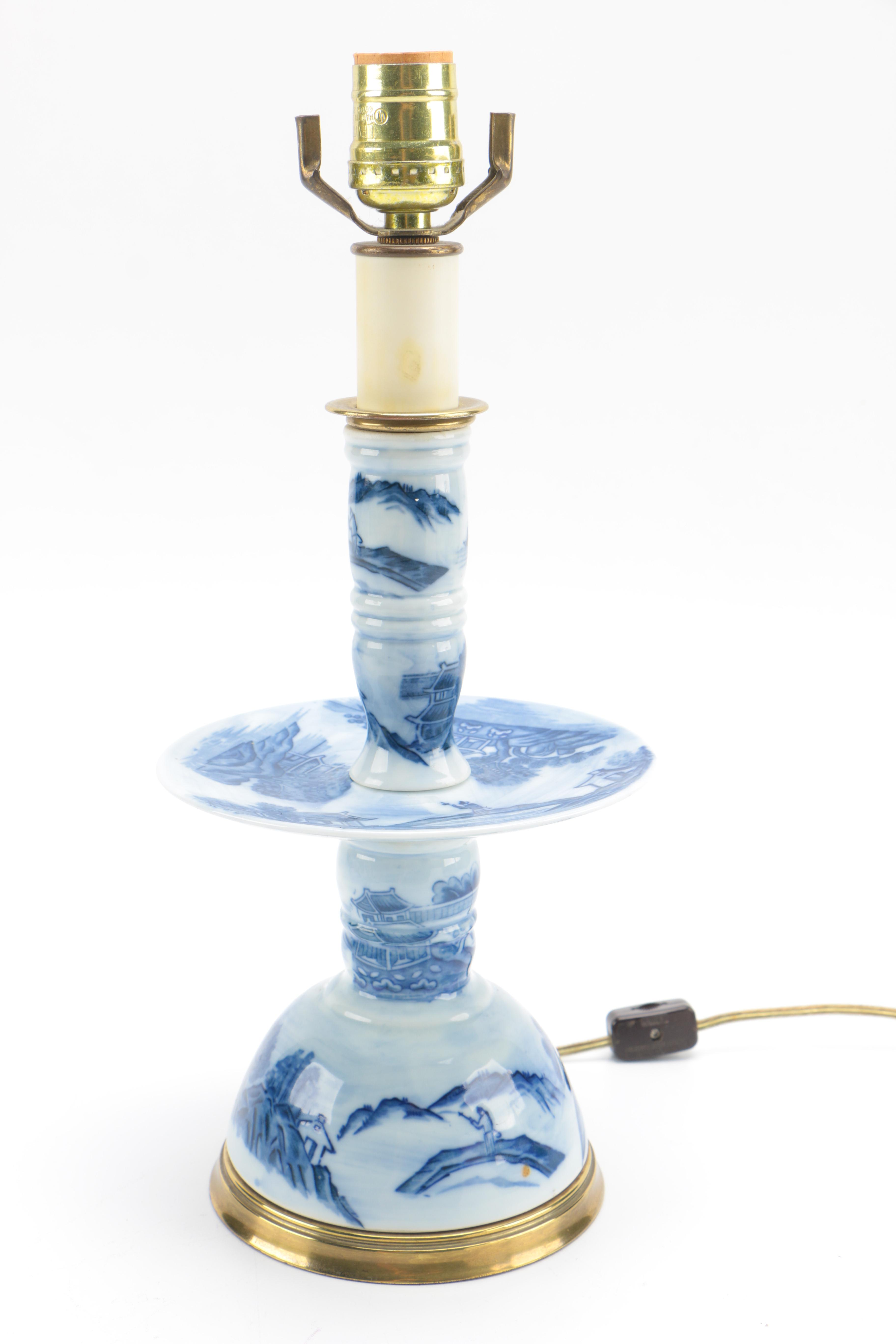 Canton Style Porcelain and Brass Candlestick Lamp