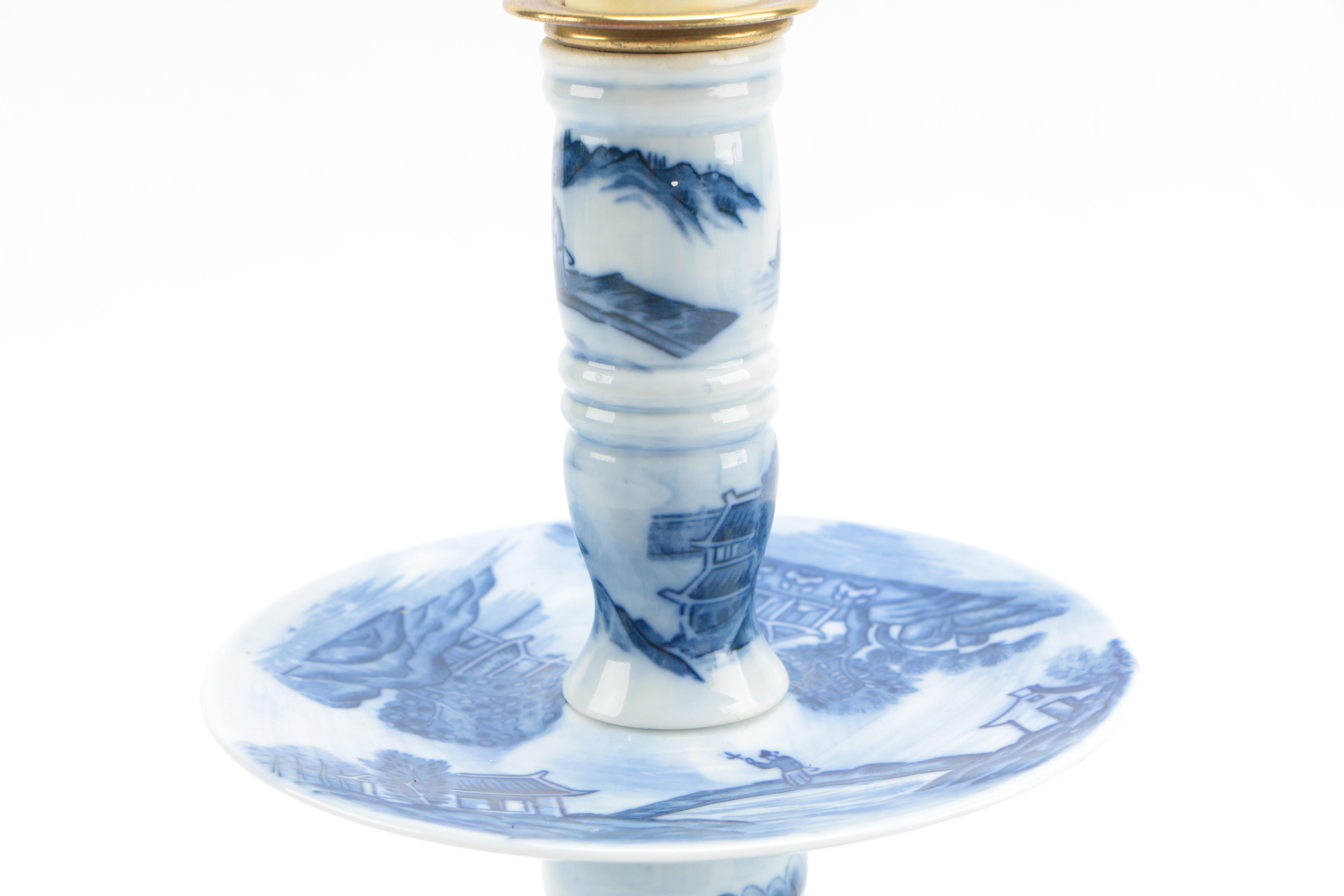 Canton Style Porcelain and Brass Candlestick Lamp