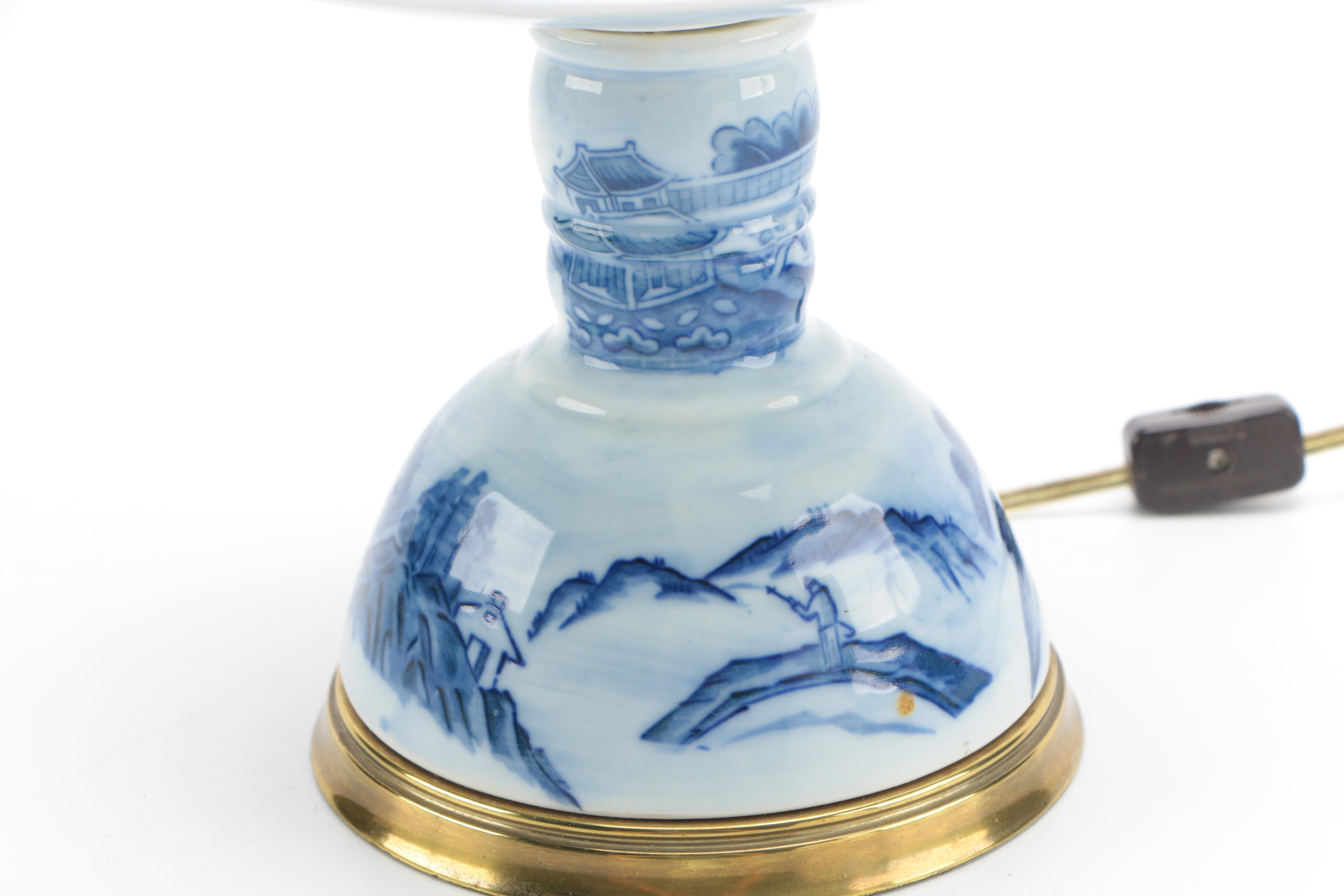 Canton Style Porcelain and Brass Candlestick Lamp