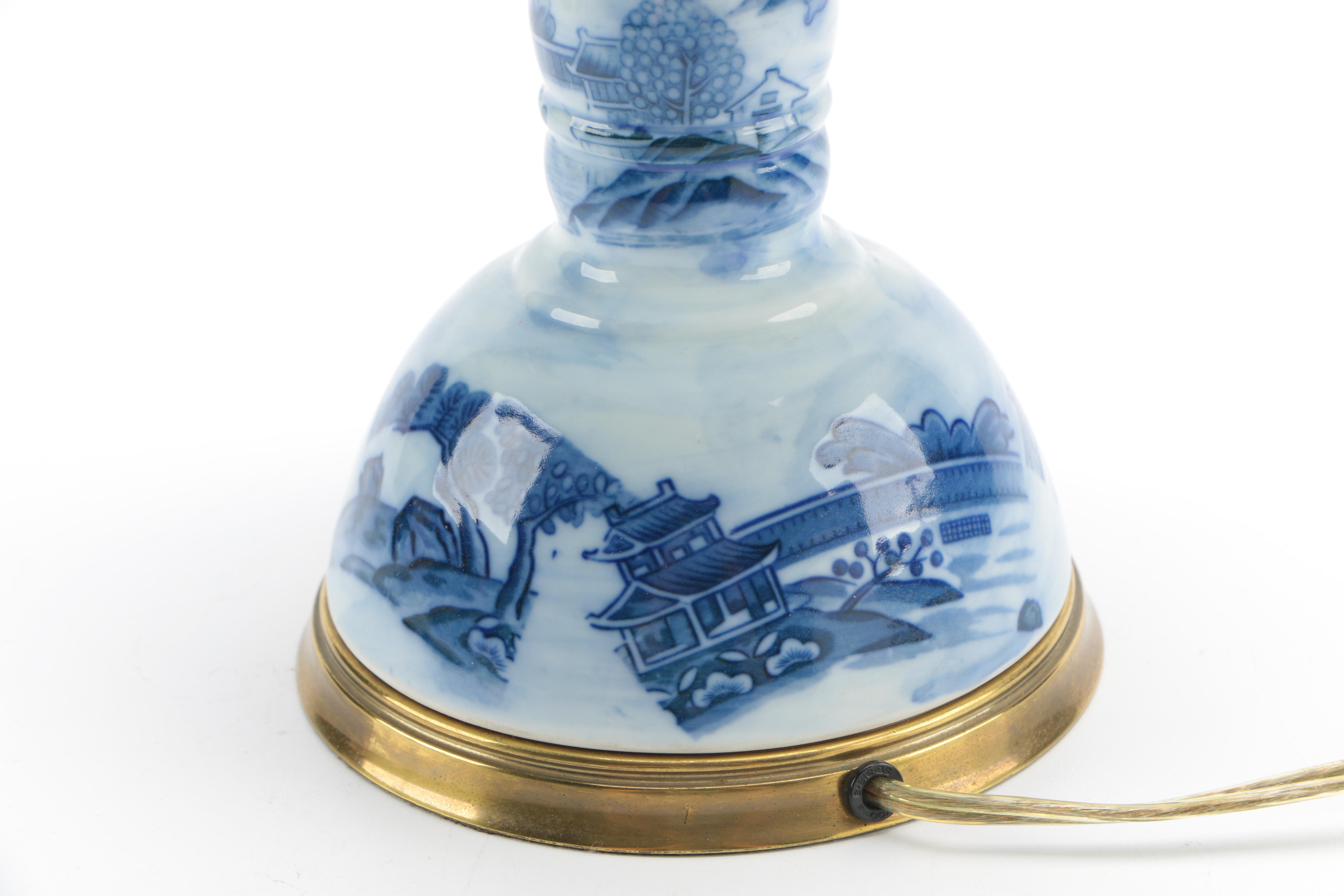 Canton Style Porcelain and Brass Candlestick Lamp