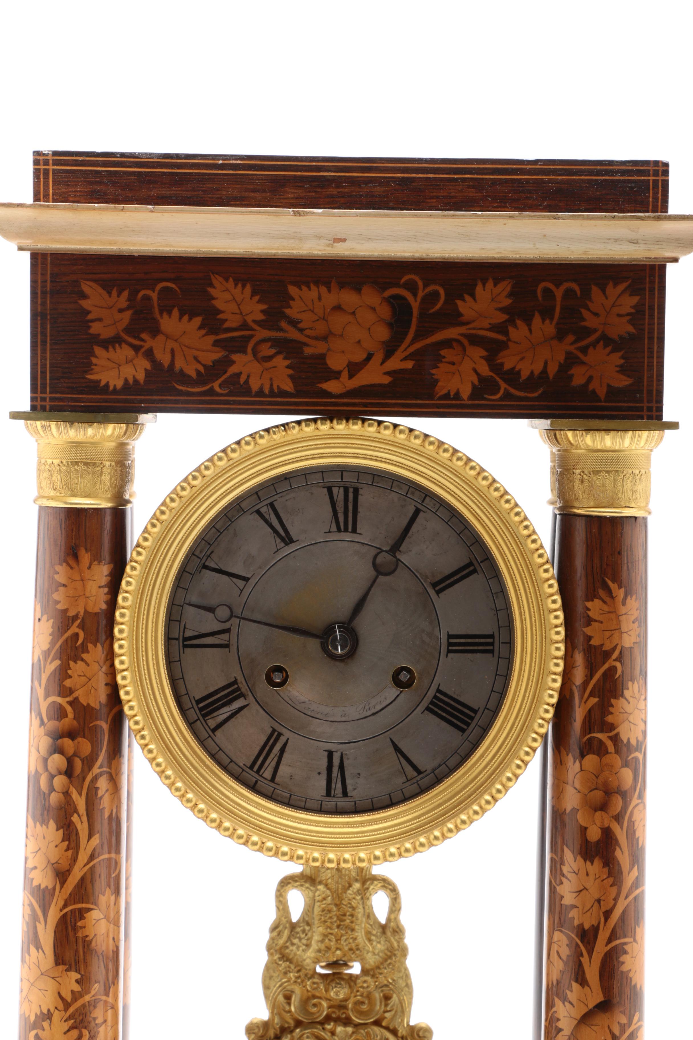 Antique Marquetry Portico Clock by Laine à Paris