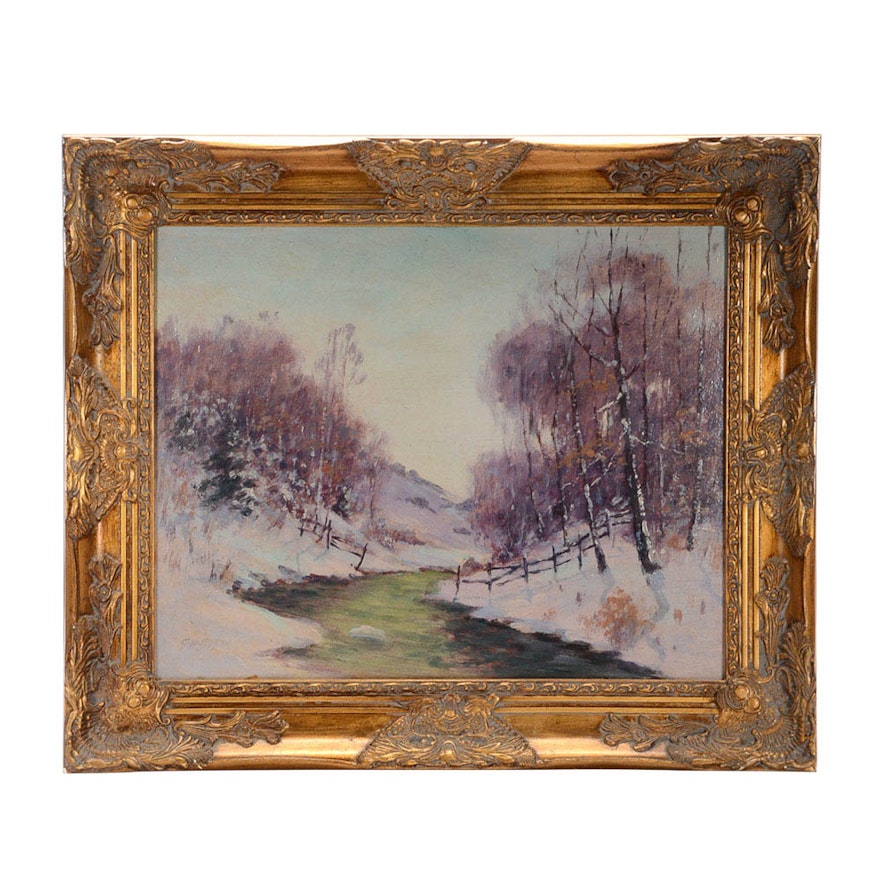 George Herbert Baker Original Oil on Board Winter Landscape