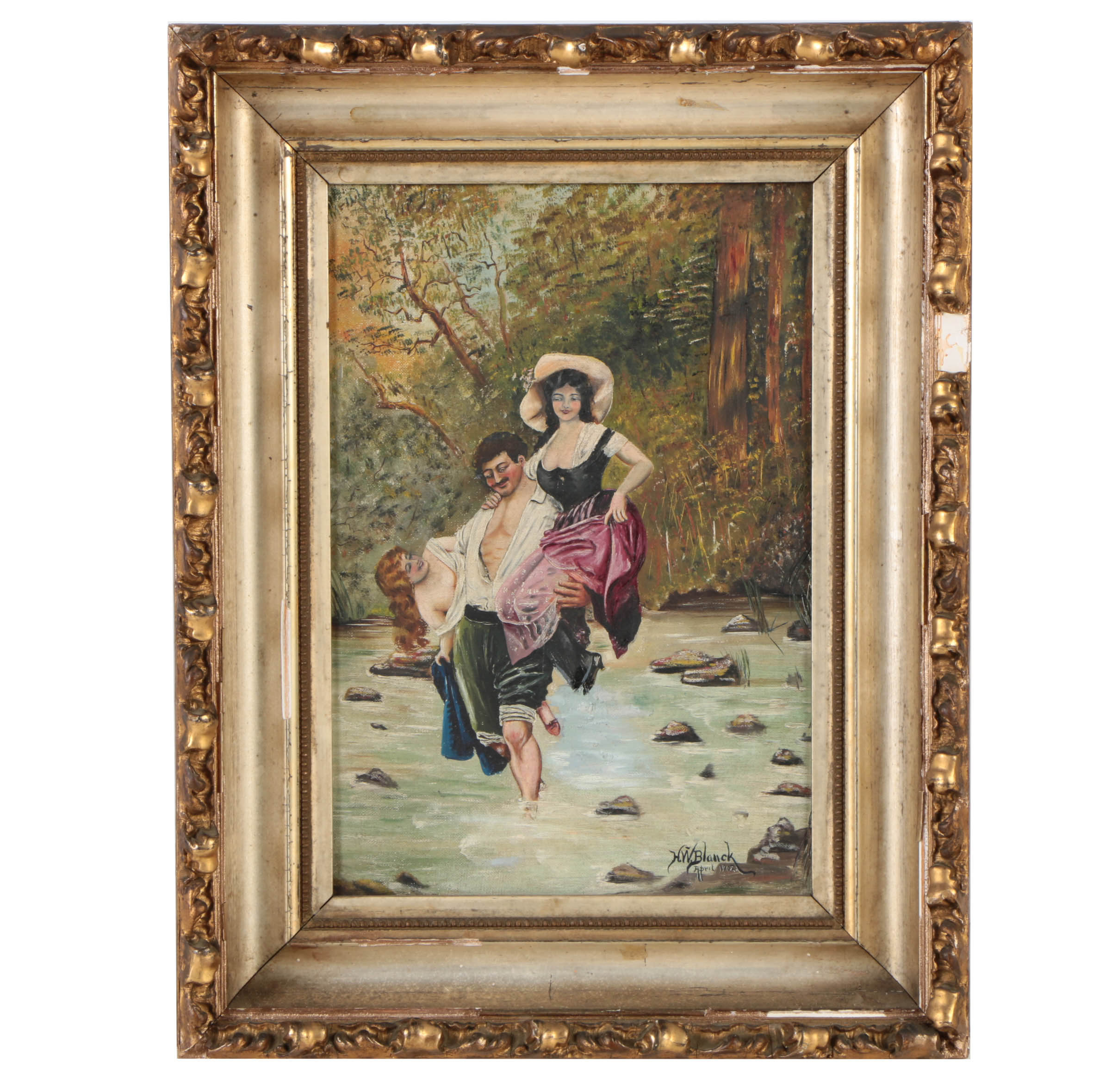 H.W. Blanck Oil Painting on Canvas of Figures Crossing a Stream