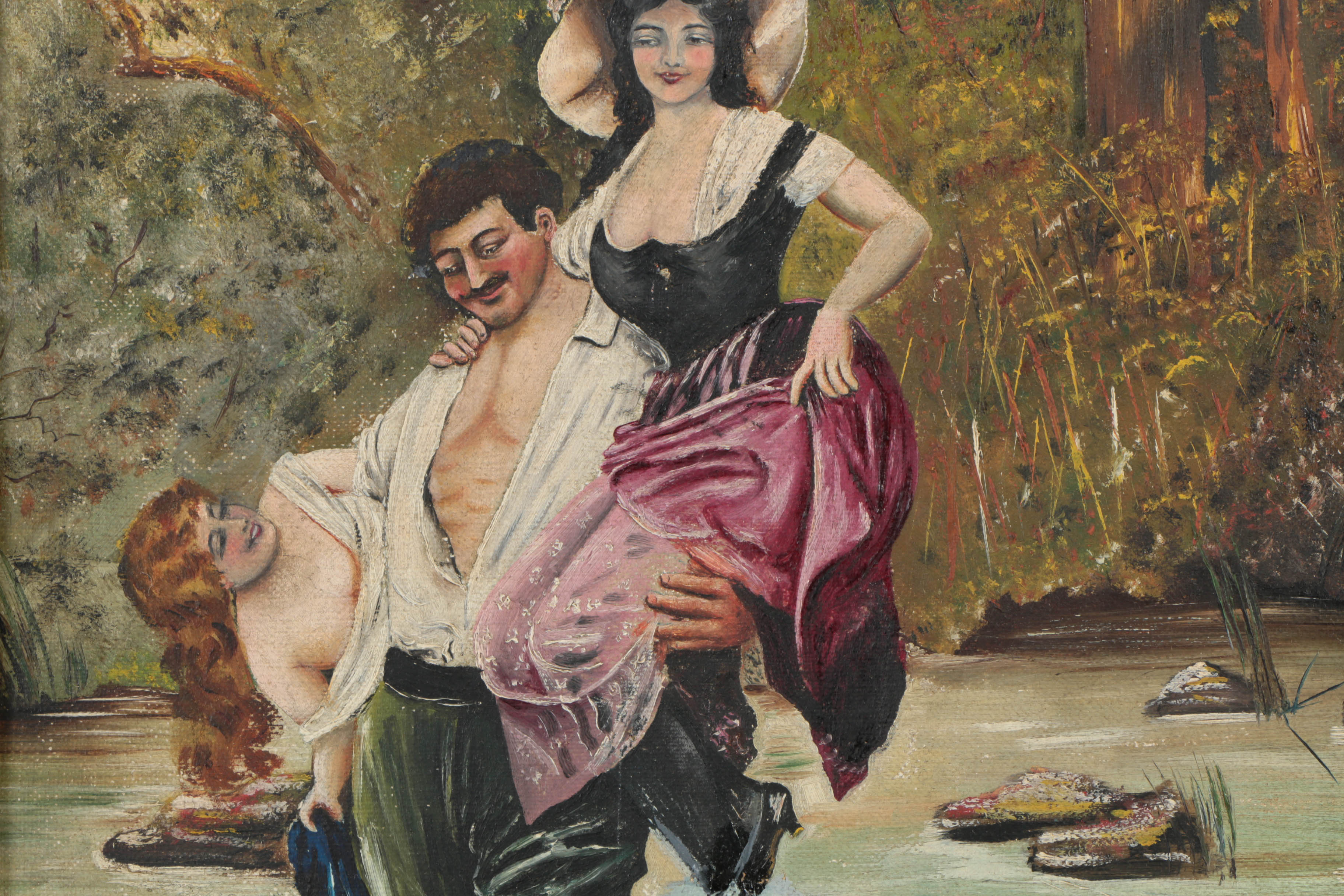 H.W. Blanck Oil Painting on Canvas of Figures Crossing a Stream