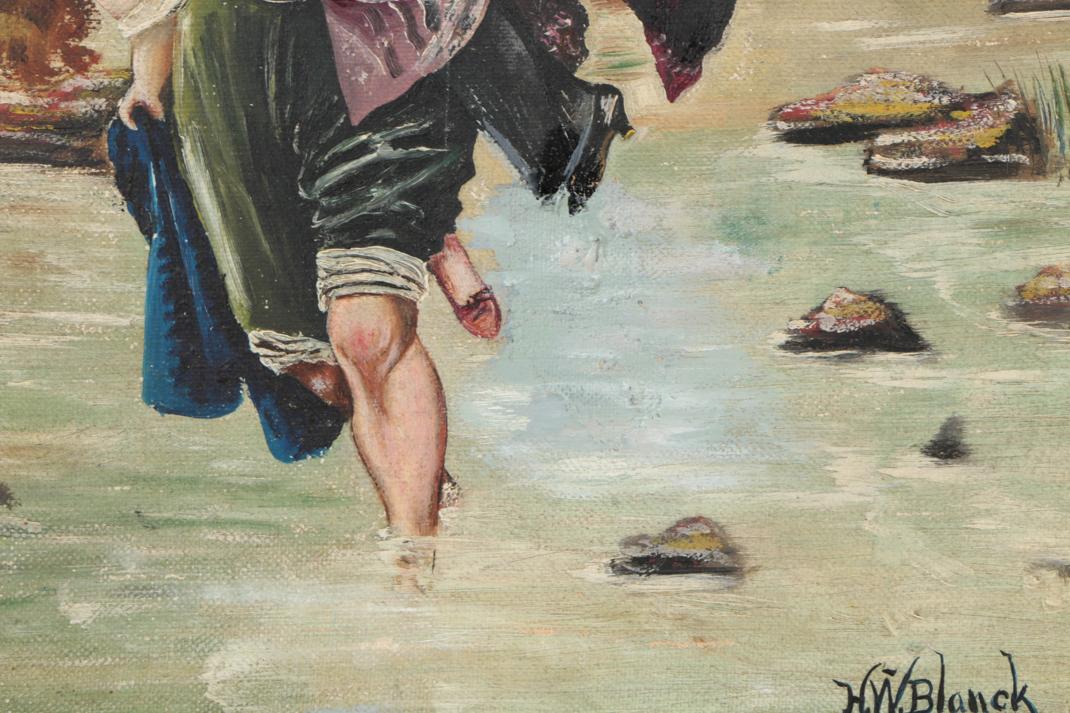 H.W. Blanck Oil Painting on Canvas of Figures Crossing a Stream