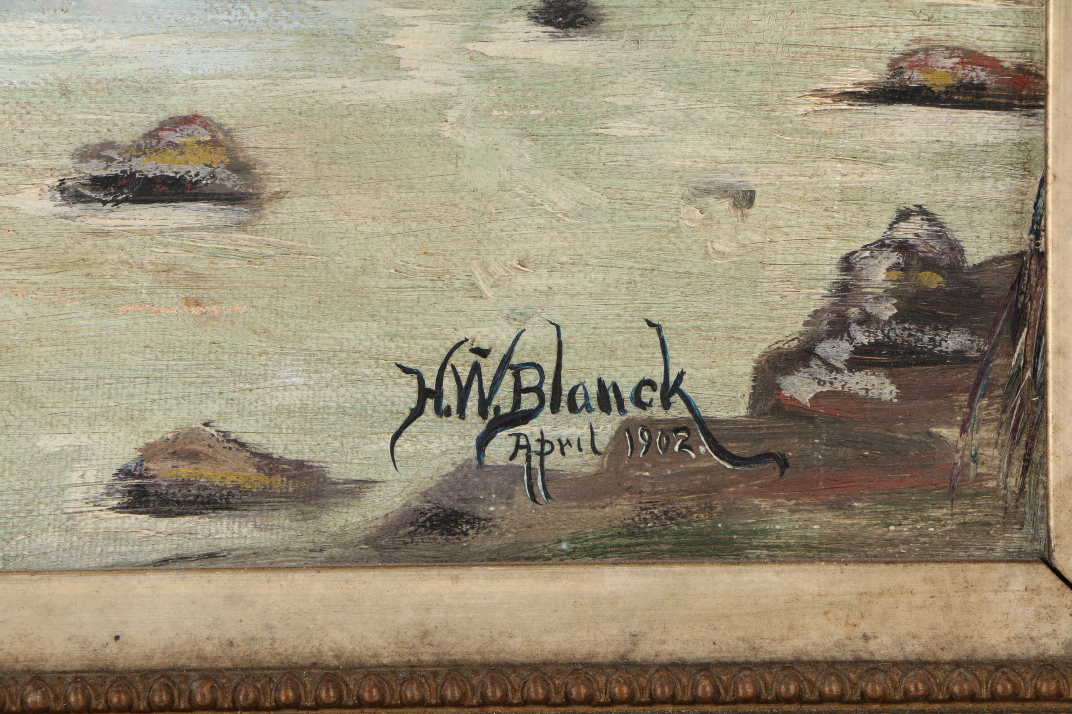 H.W. Blanck Oil Painting on Canvas of Figures Crossing a Stream