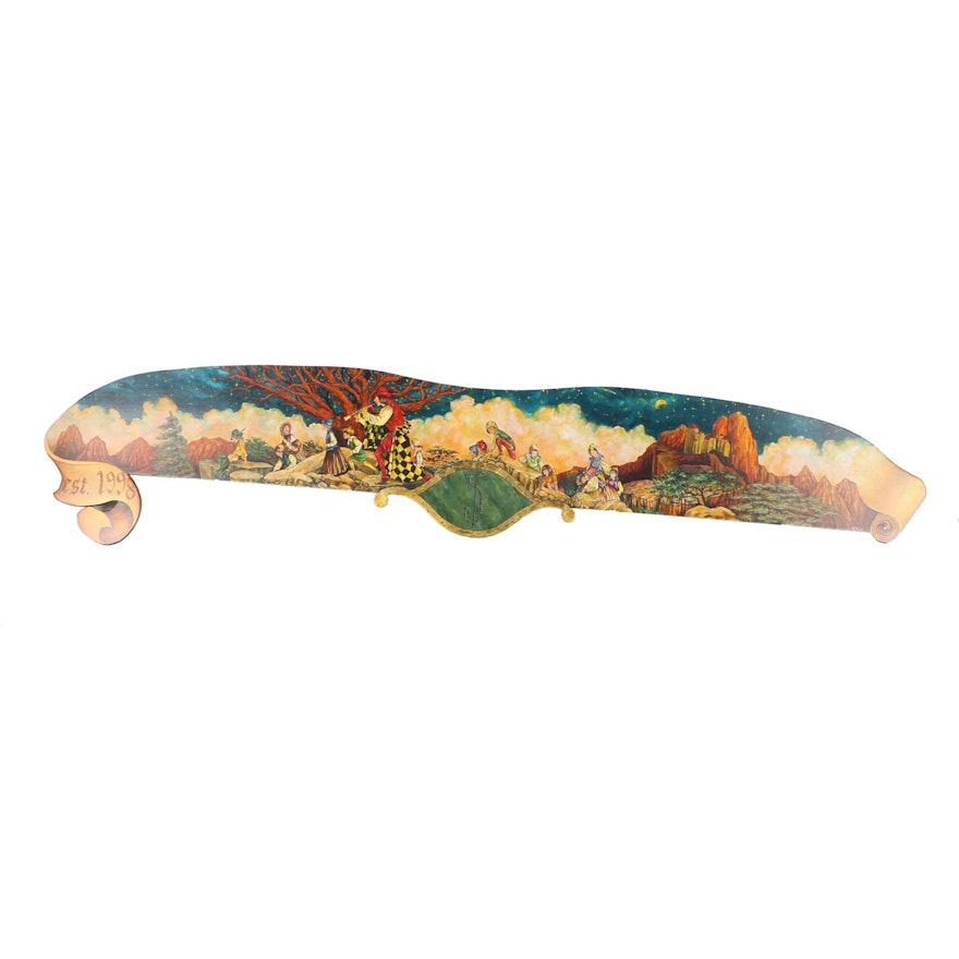 Wooden Cornice with Hand Painted Tapestry Scene