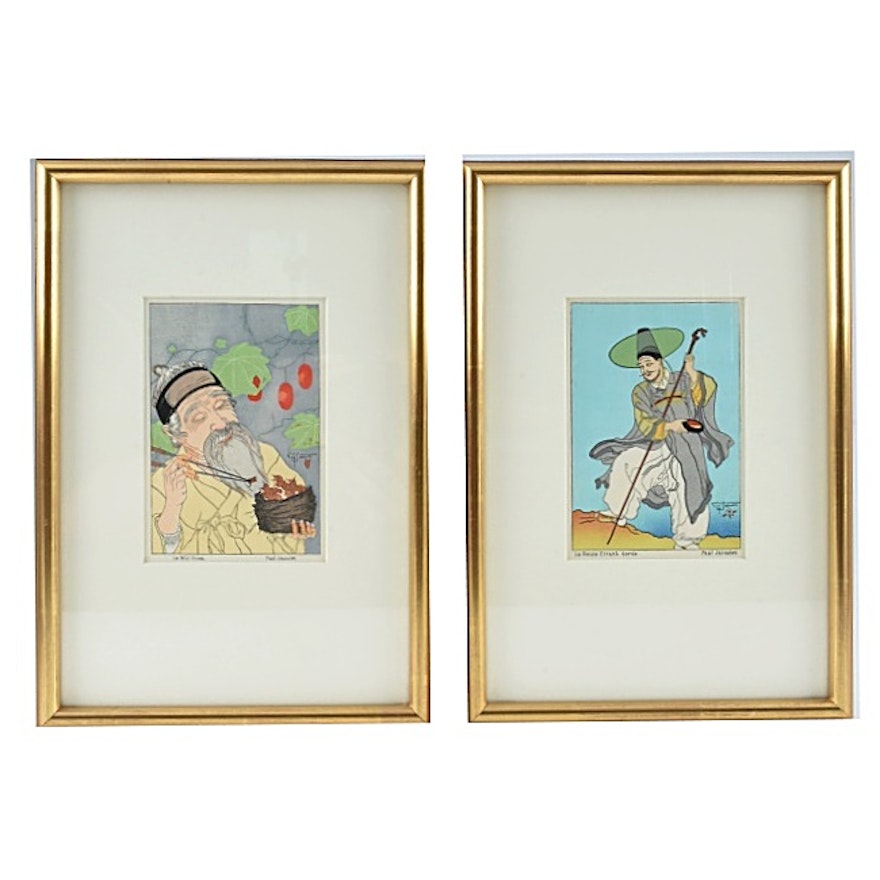 Pair of Paul Jacoulet Woodblock Prints on Paper "Le Nid: Corée." and "Le Bonze Errant Corée"