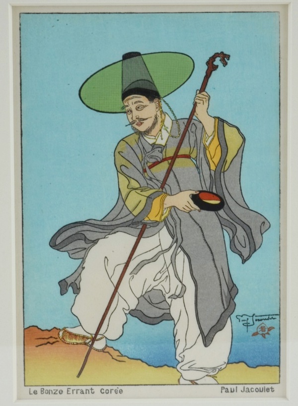 Pair of Paul Jacoulet Woodblock Prints on Paper "Le Nid: Corée." and "Le Bonze Errant Corée"