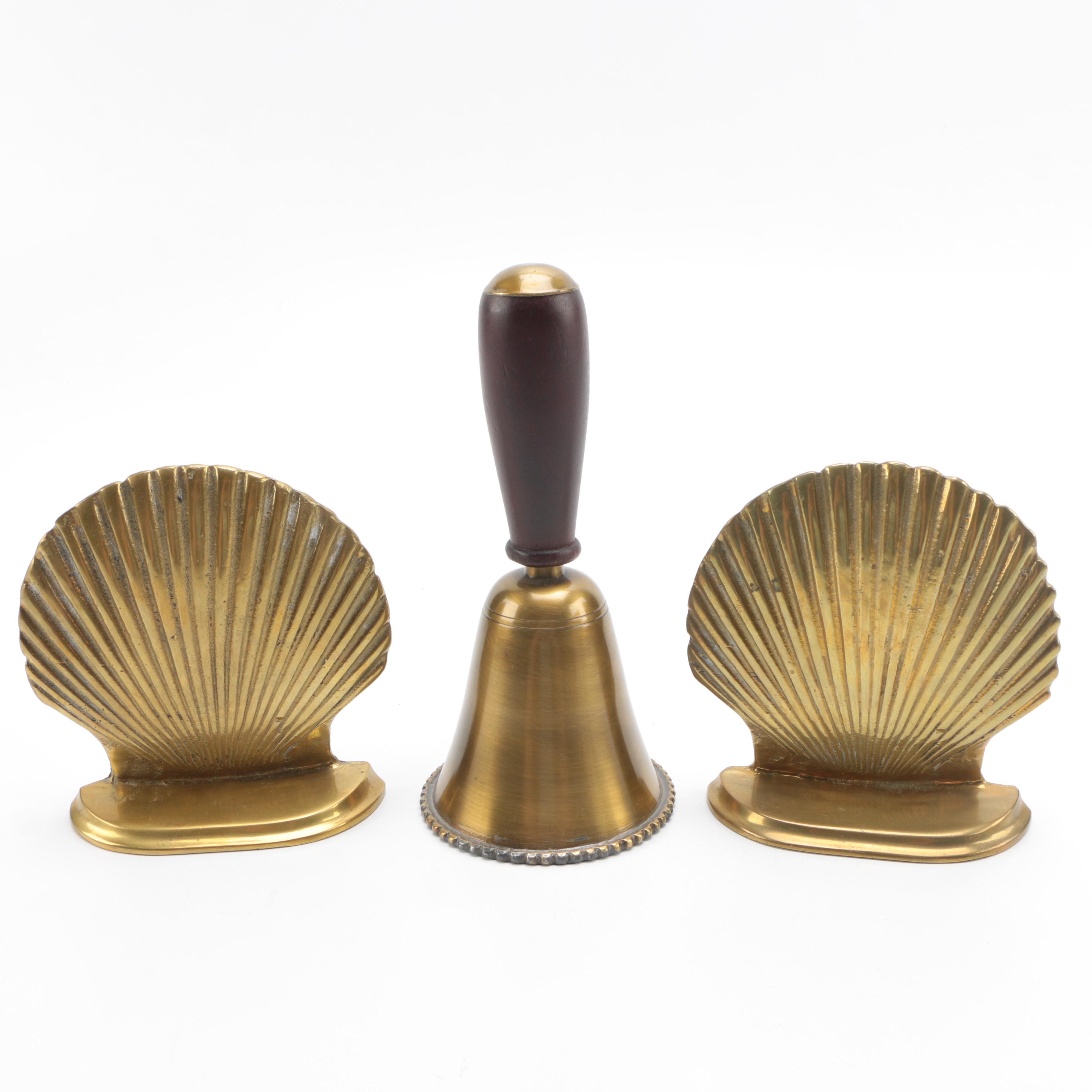 Brass Clam Shell Bookends and Hand Bell