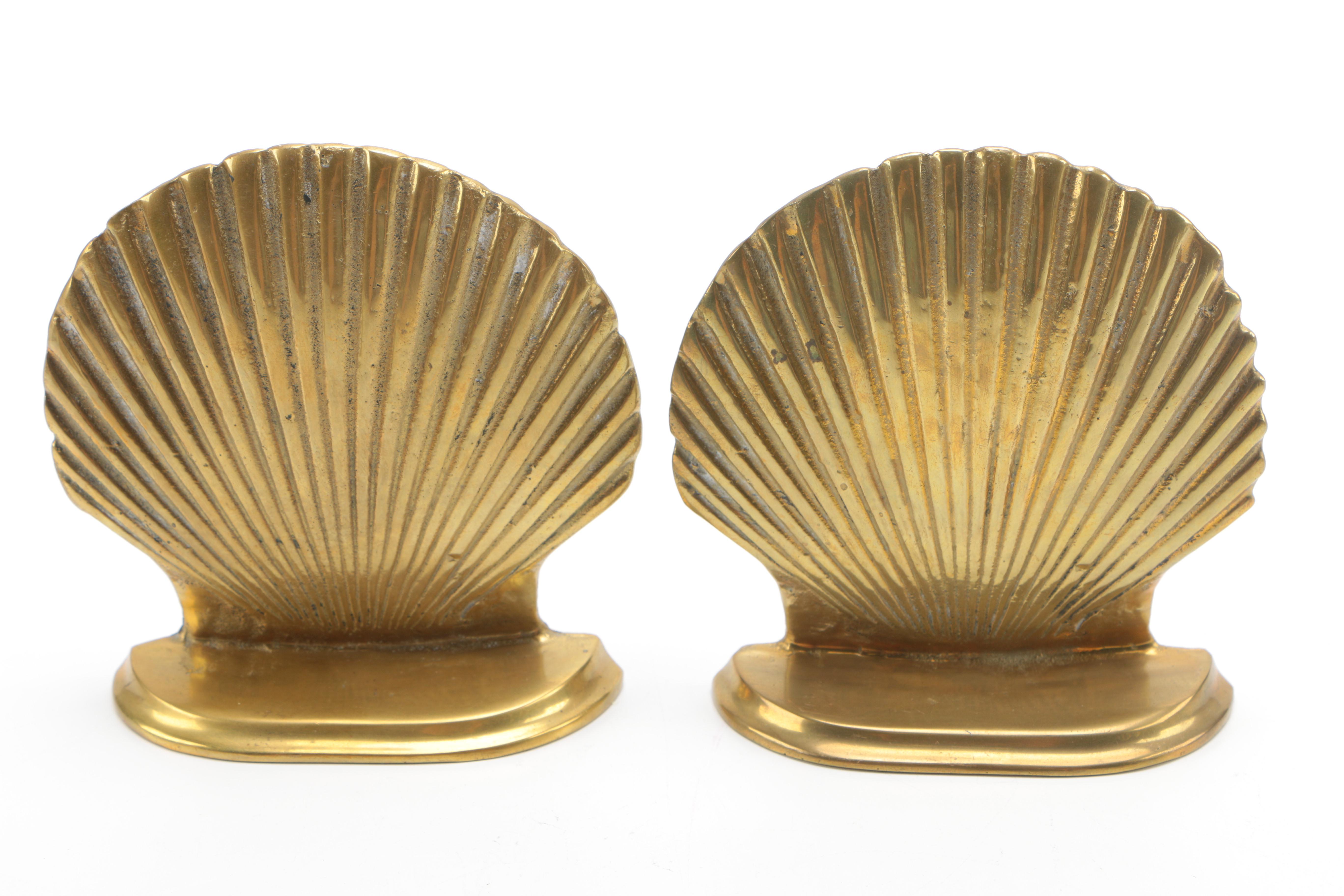 Brass Clam Shell Bookends and Hand Bell