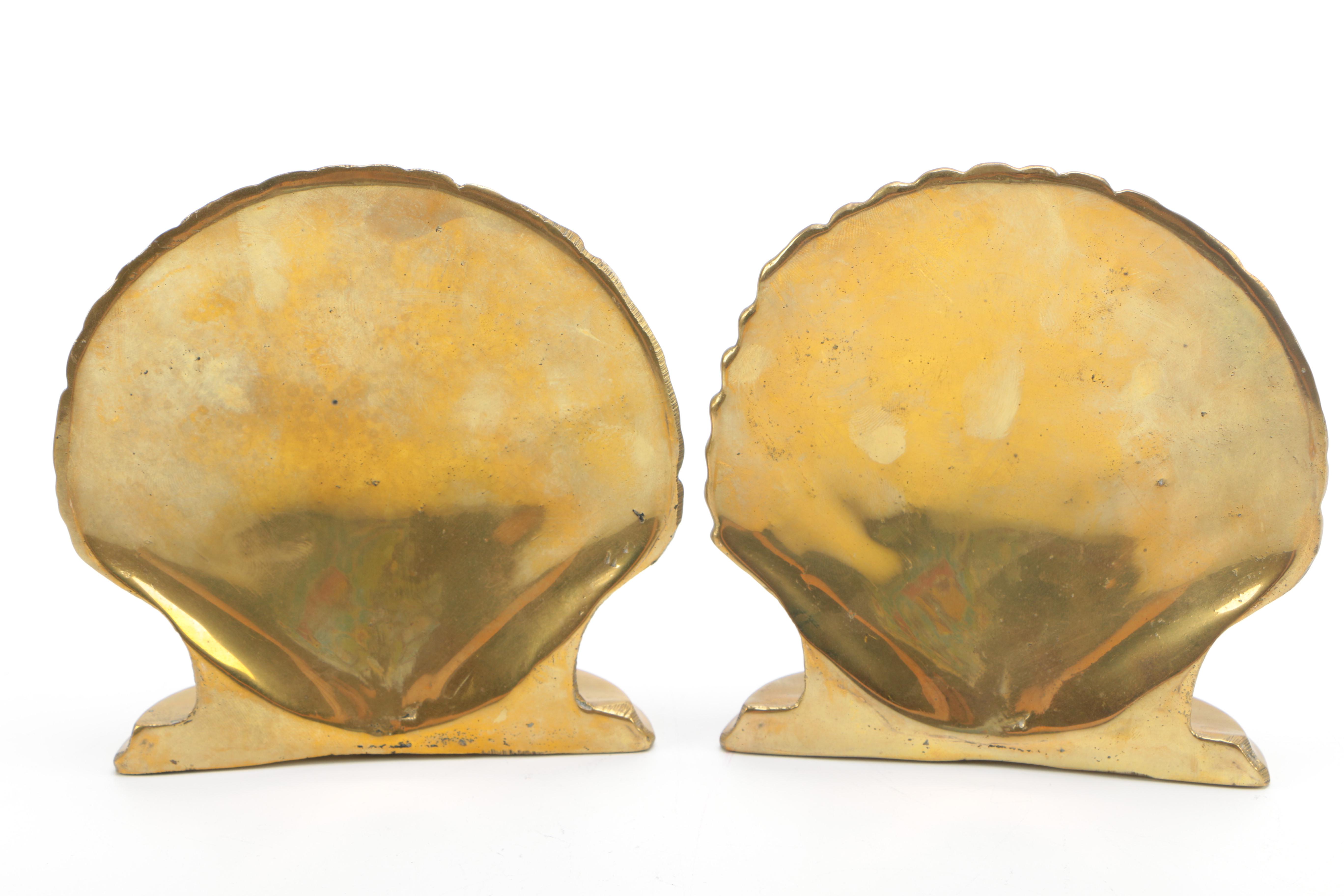 Brass Clam Shell Bookends and Hand Bell