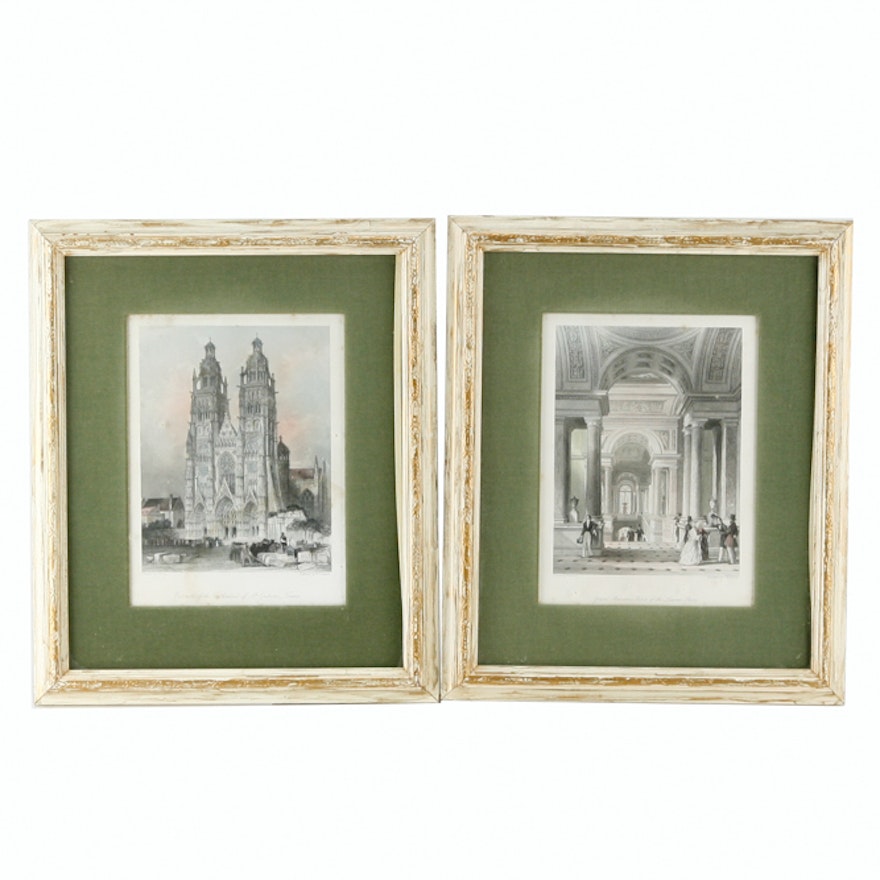 Vintage Architectural Hand-Colored Engravings after Thomas Allom of French Landmarks