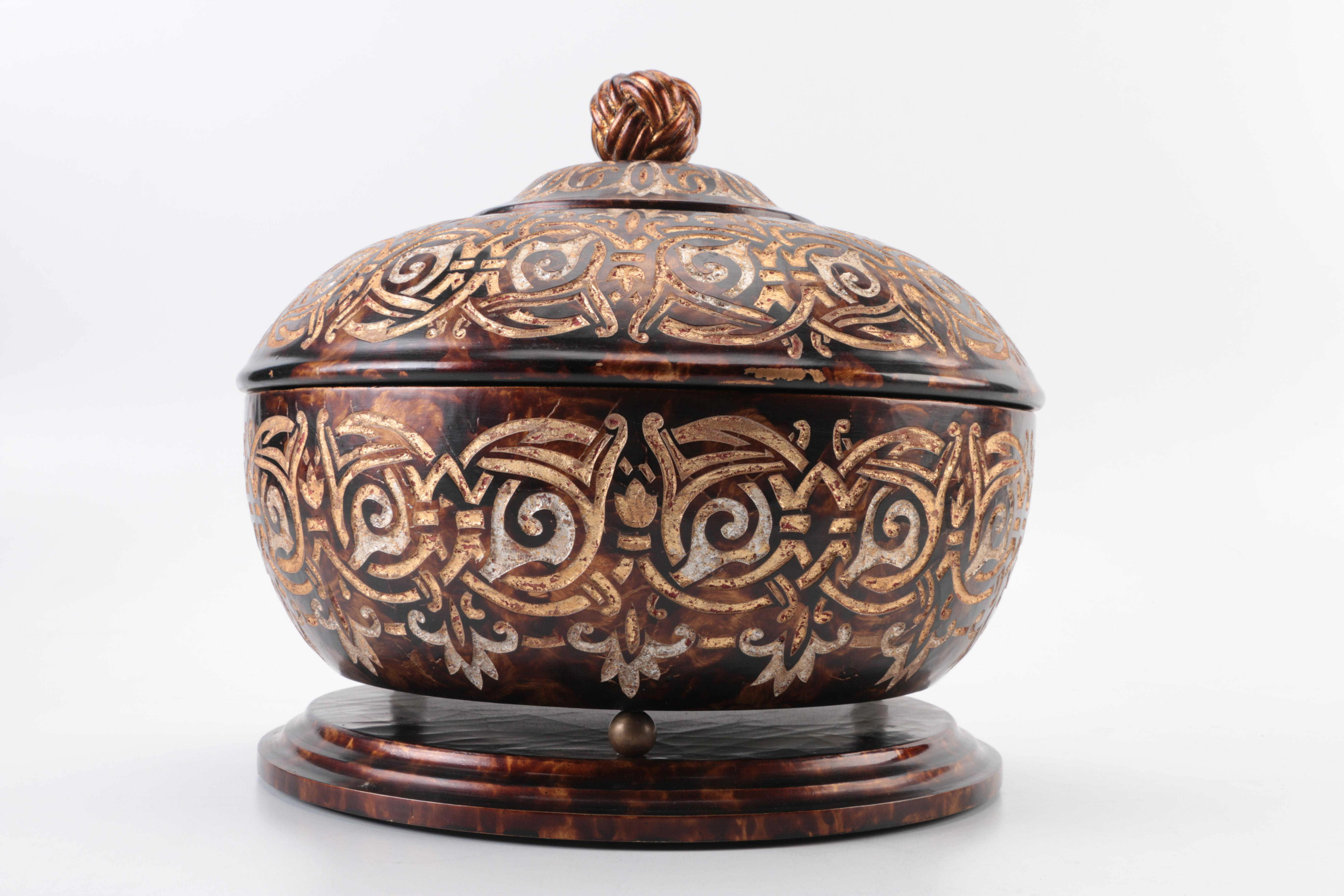 Brown Lidded Container with Gold Tone Accents
