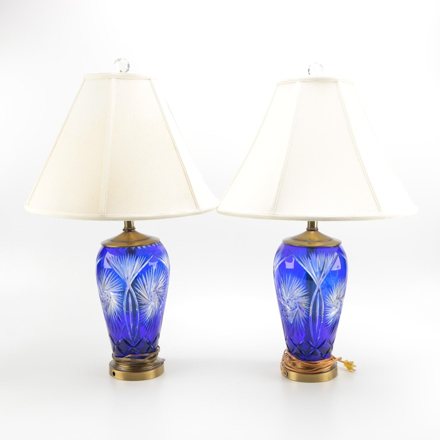 Pair of Cased Blue Cut to Clear Crystal Table Lamps