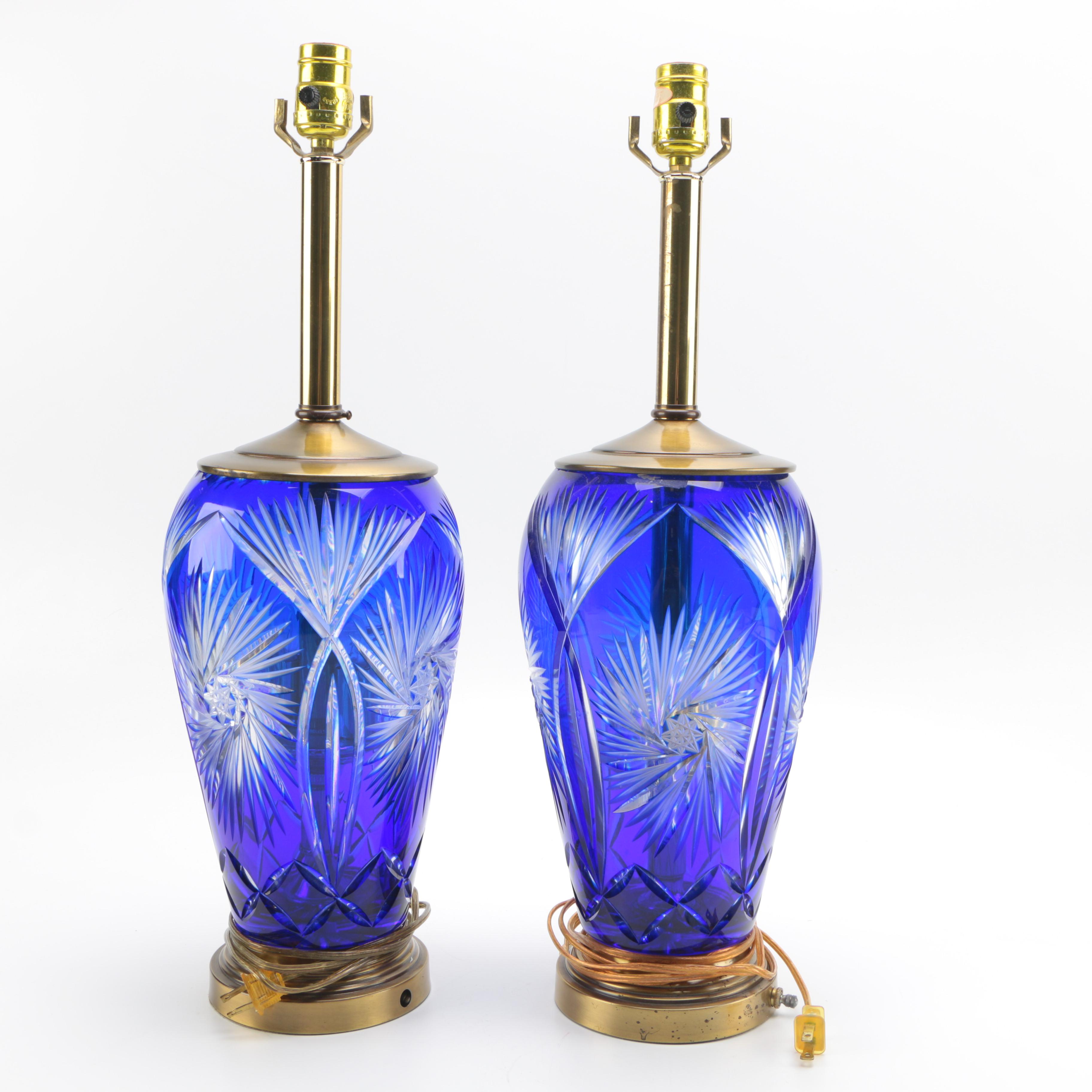 Pair of Cased Blue Cut to Clear Crystal Table Lamps