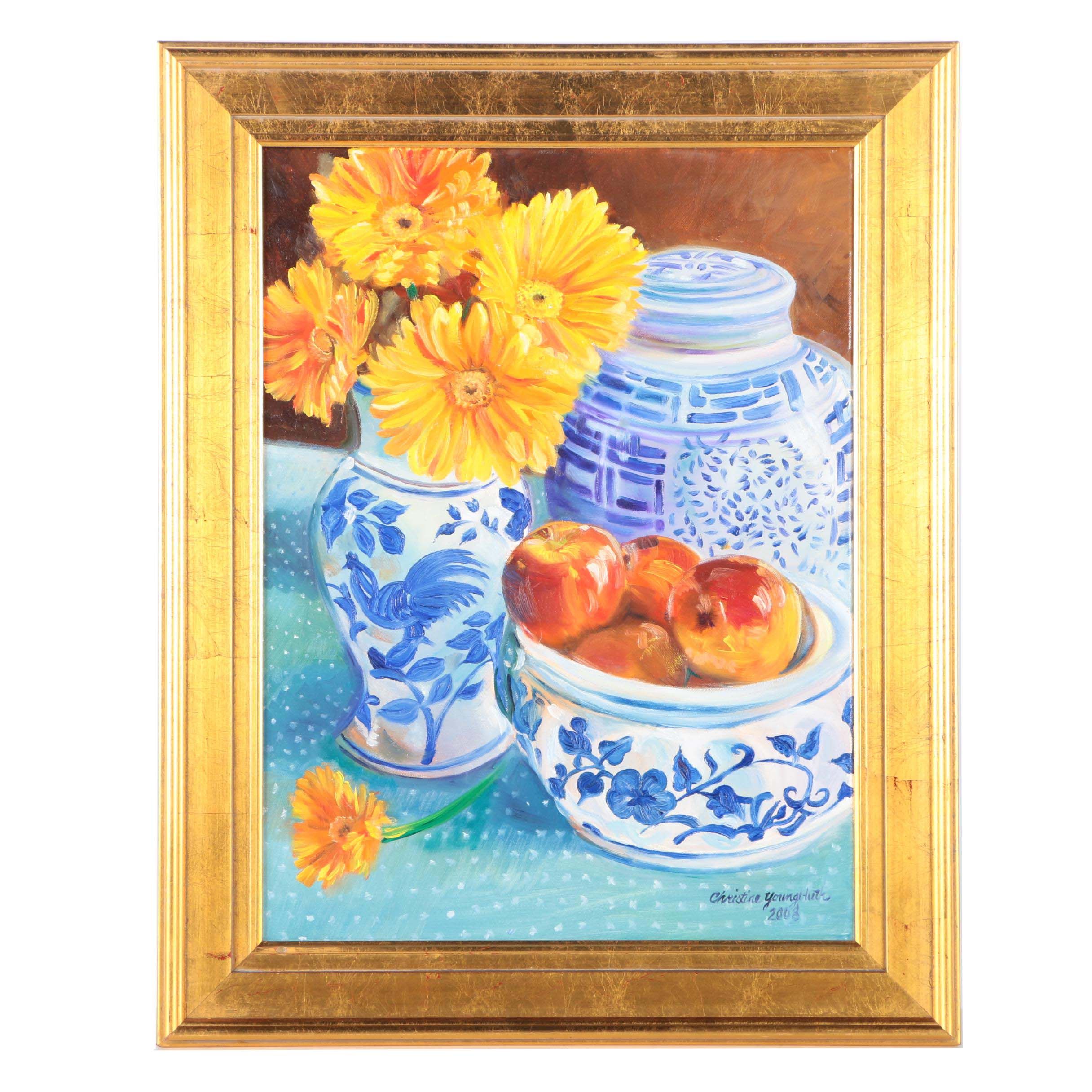 Christine Youngbluth Still Life Oil on Canvas "Fruit and Flowers"