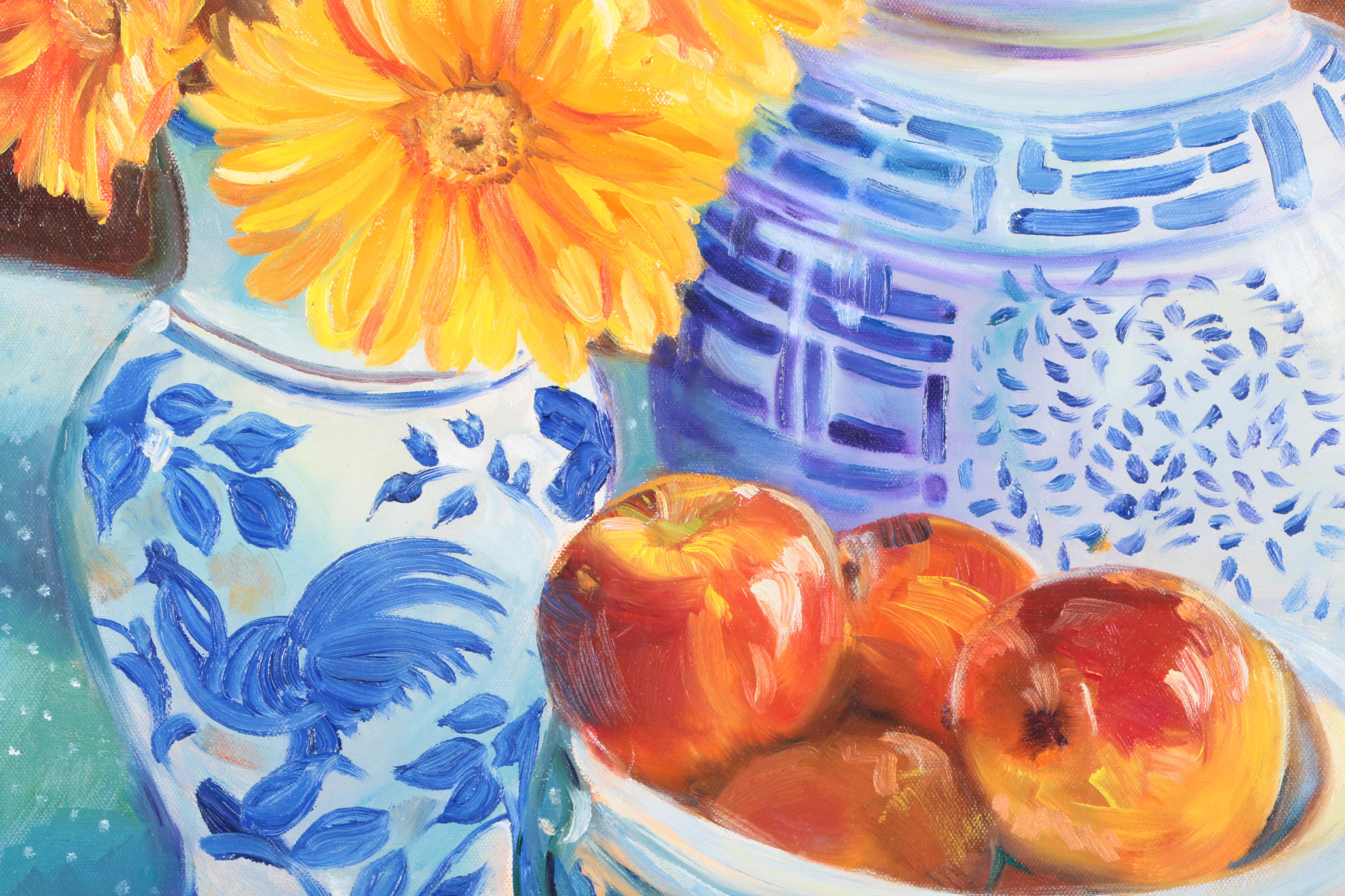 Christine Youngbluth Still Life Oil on Canvas "Fruit and Flowers"