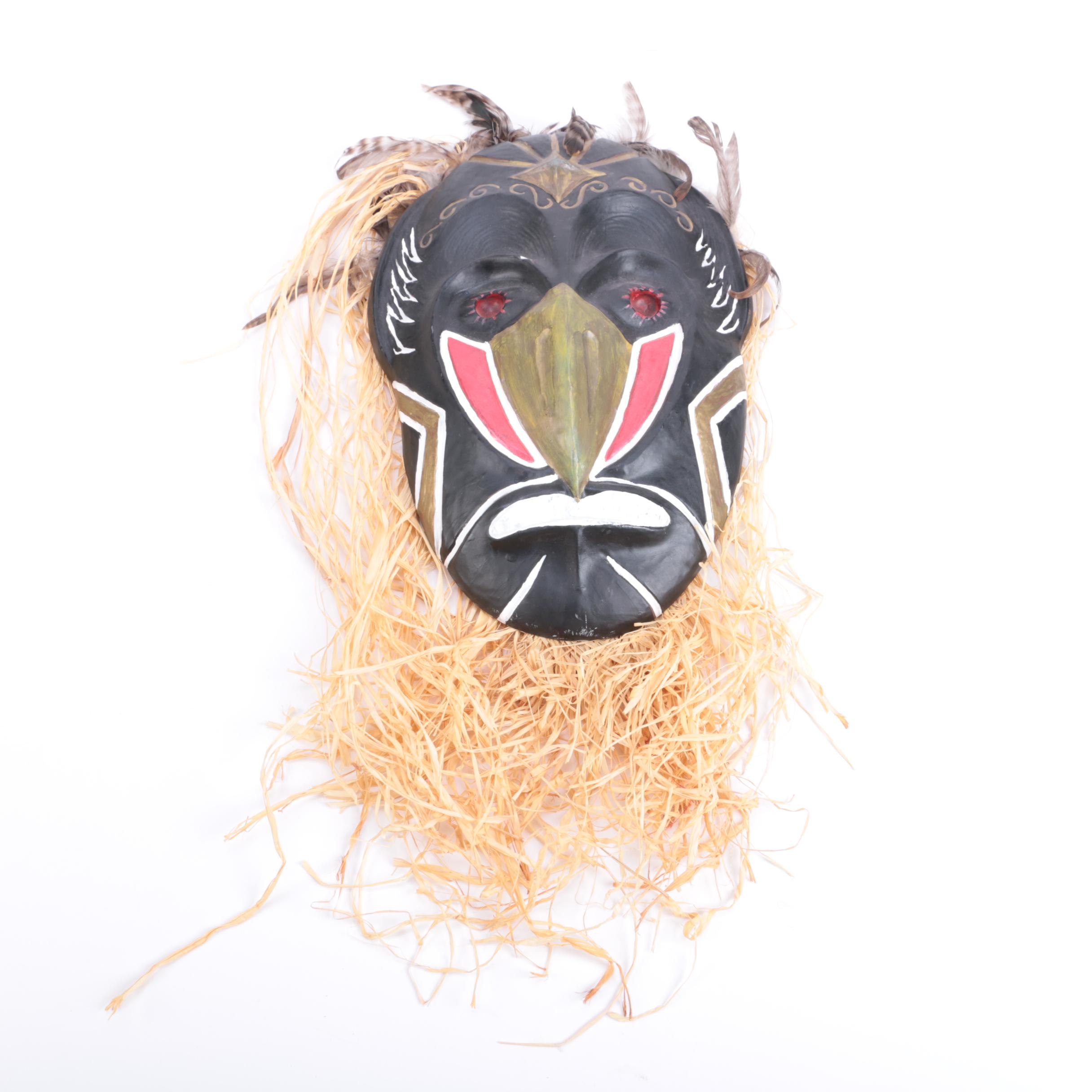 Polychrome Plaster Mask With Raffia and Feathers