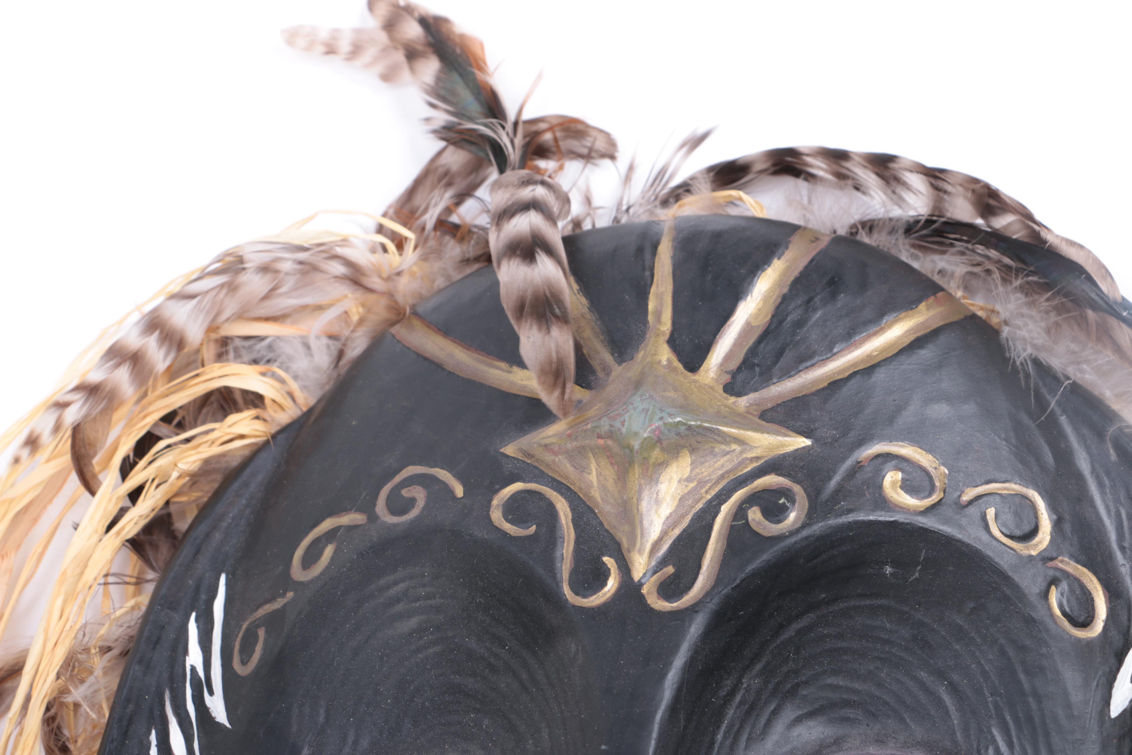 Polychrome Plaster Mask With Raffia and Feathers
