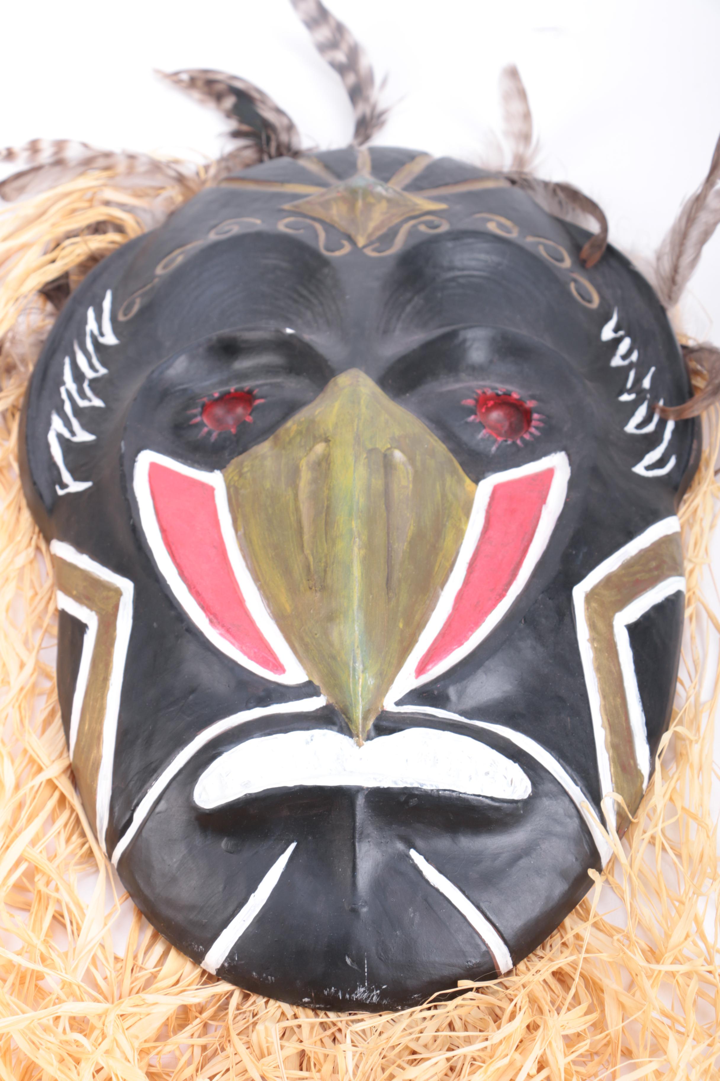 Polychrome Plaster Mask With Raffia and Feathers