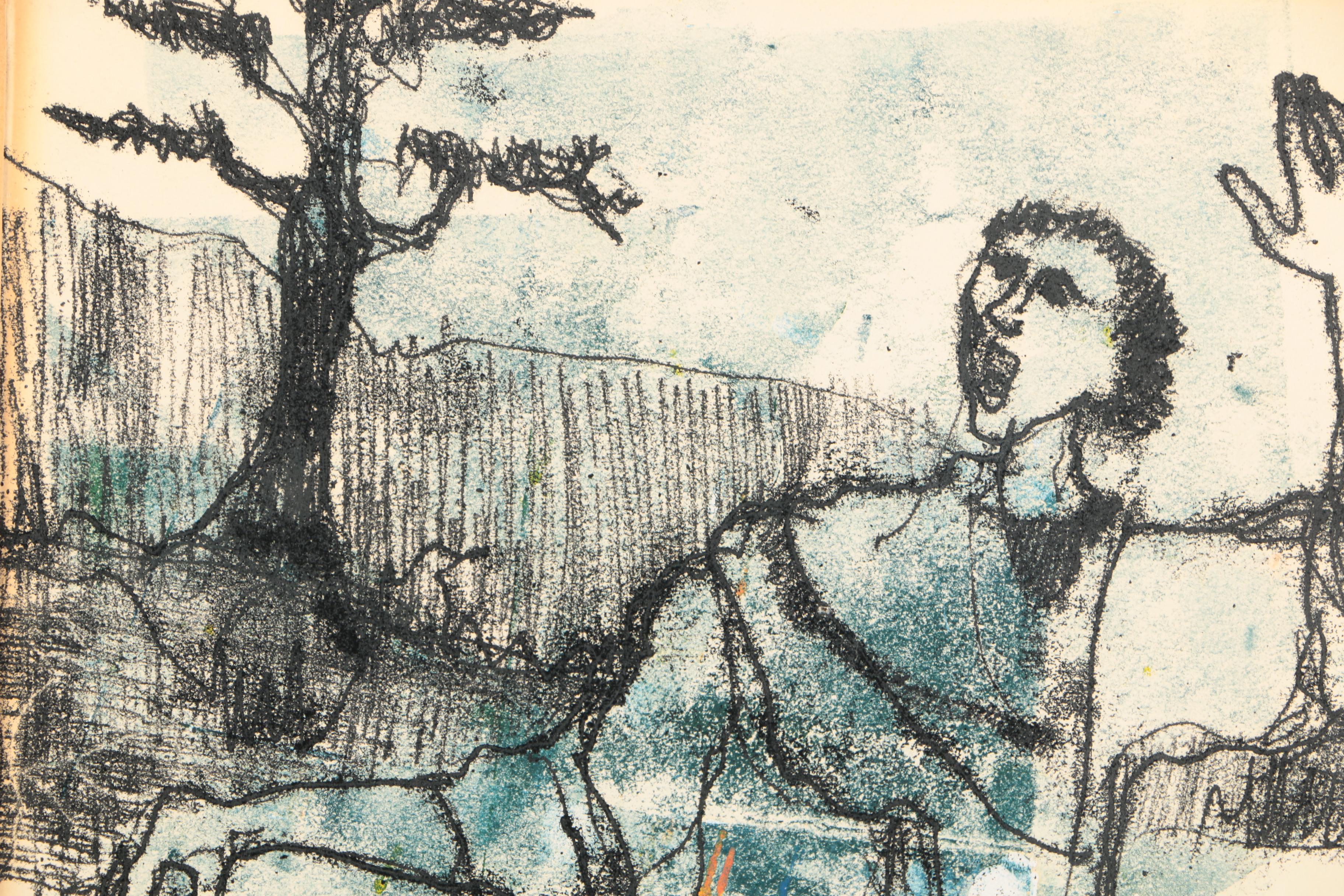 Framed Hand-Embellished Lithograph of Man and Tree