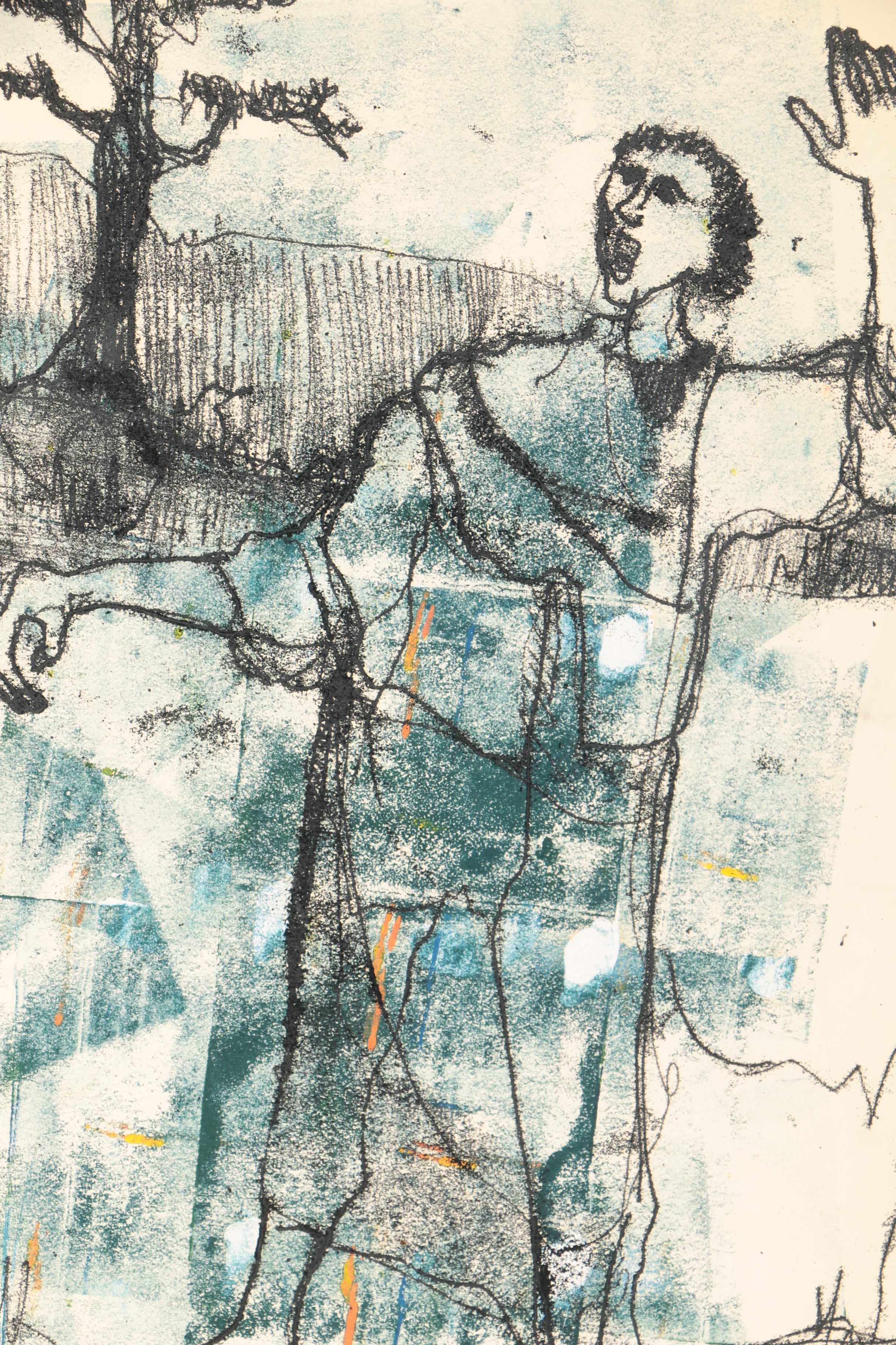 Framed Hand-Embellished Lithograph of Man and Tree