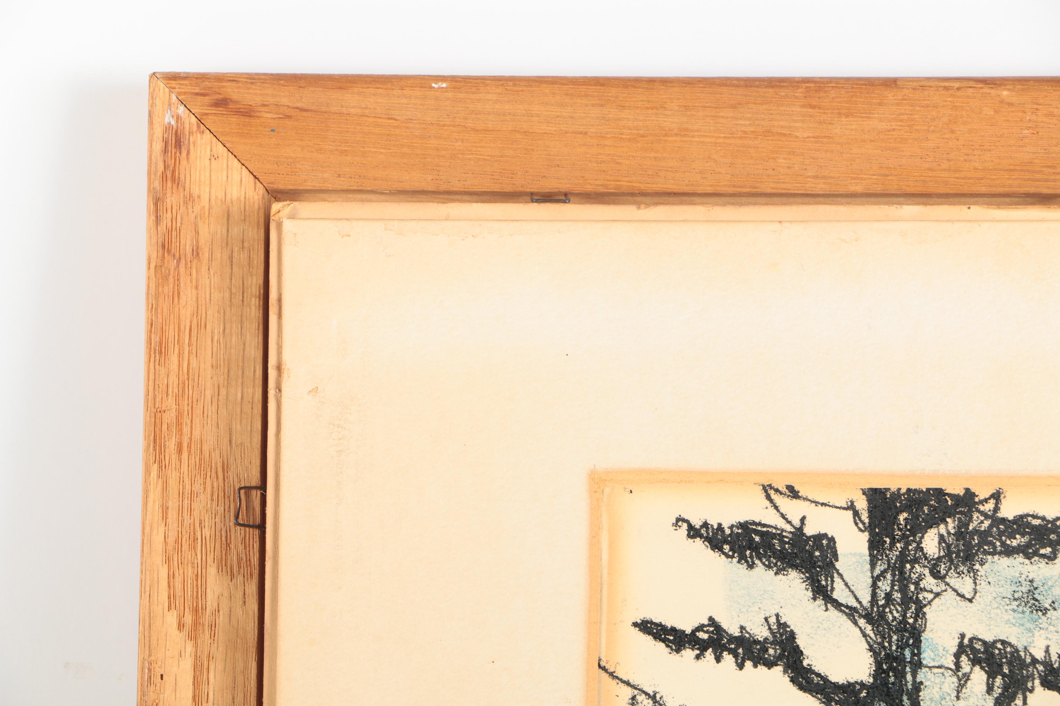 Framed Hand-Embellished Lithograph of Man and Tree