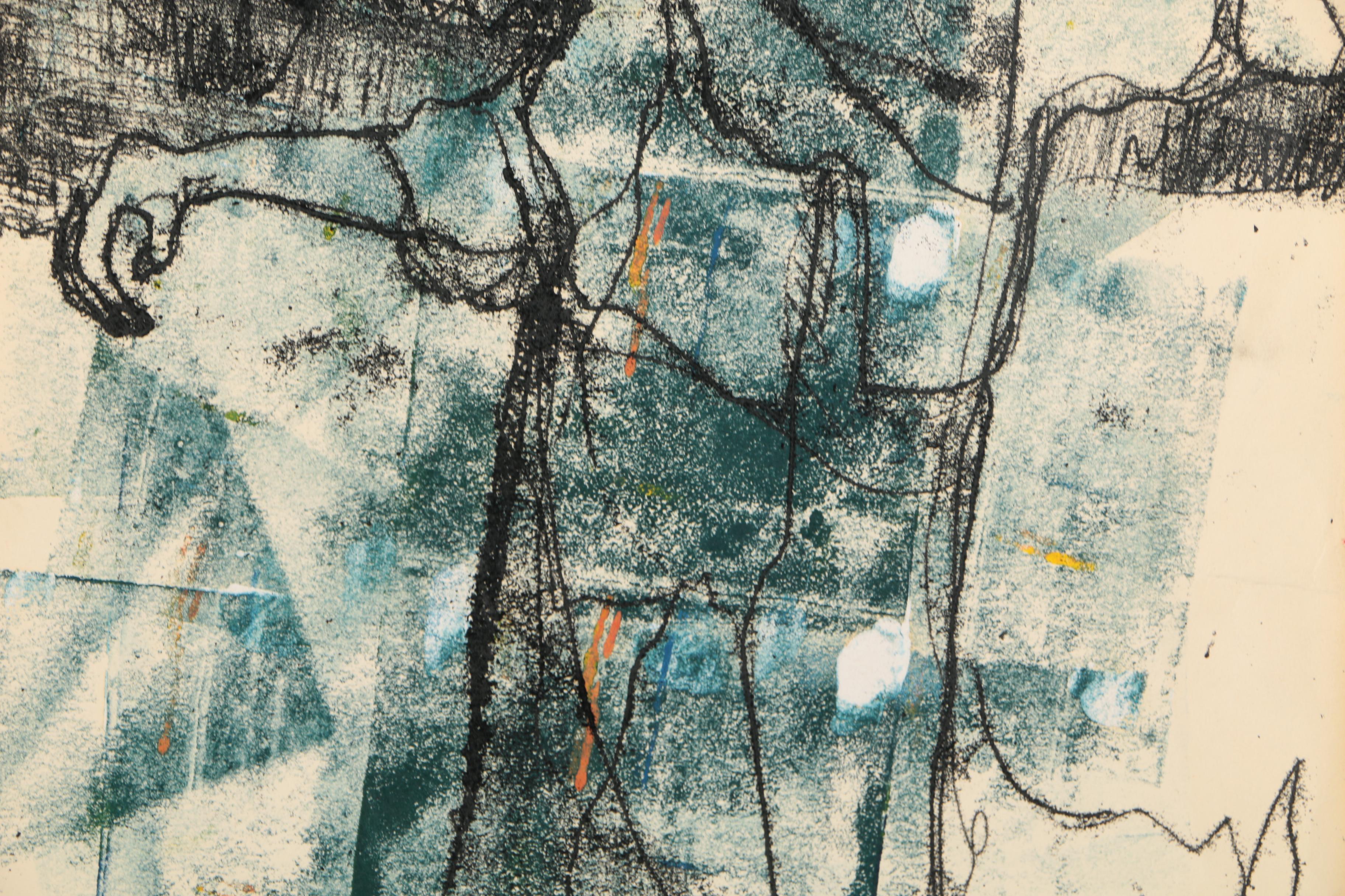 Framed Hand-Embellished Lithograph of Man and Tree