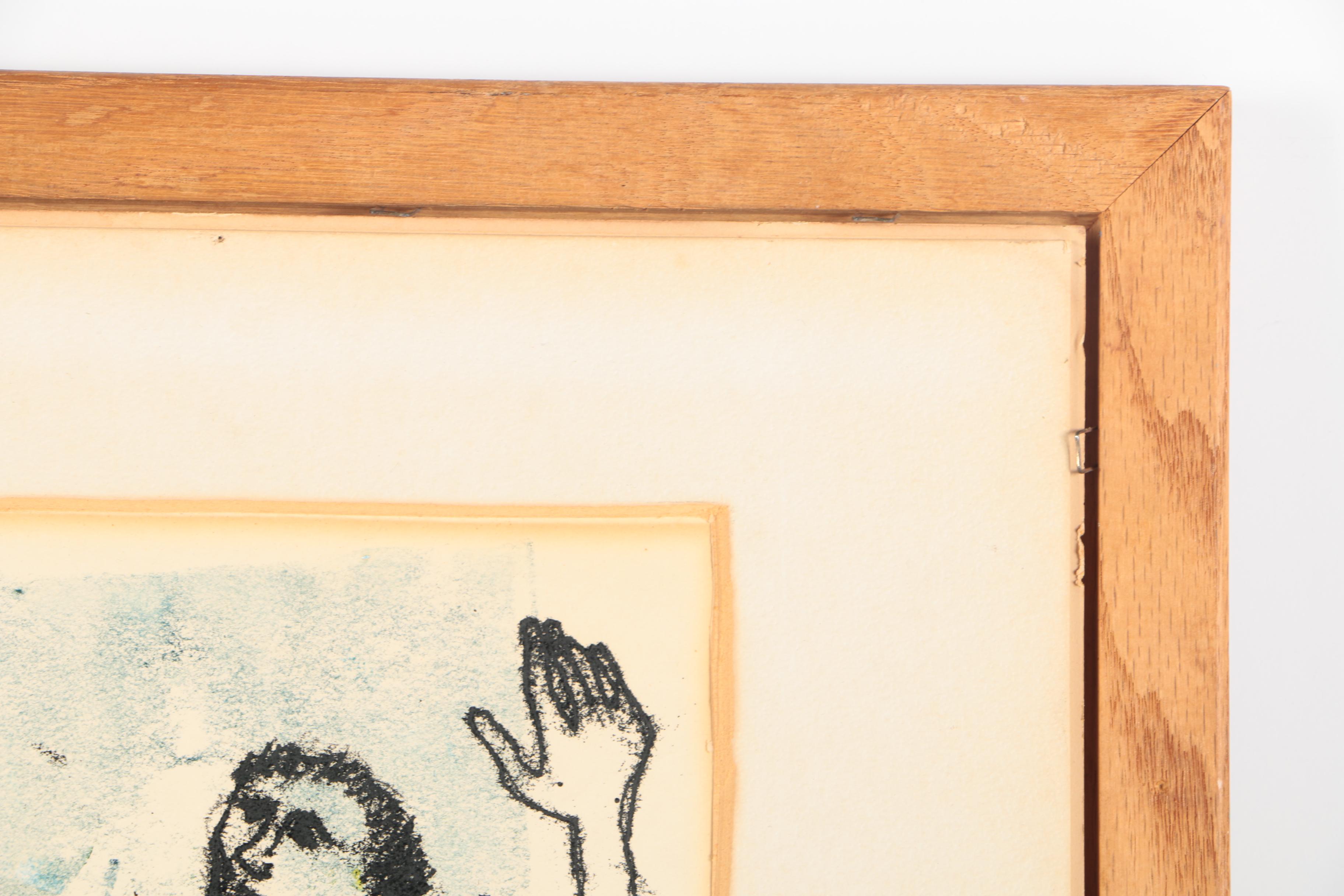 Framed Hand-Embellished Lithograph of Man and Tree