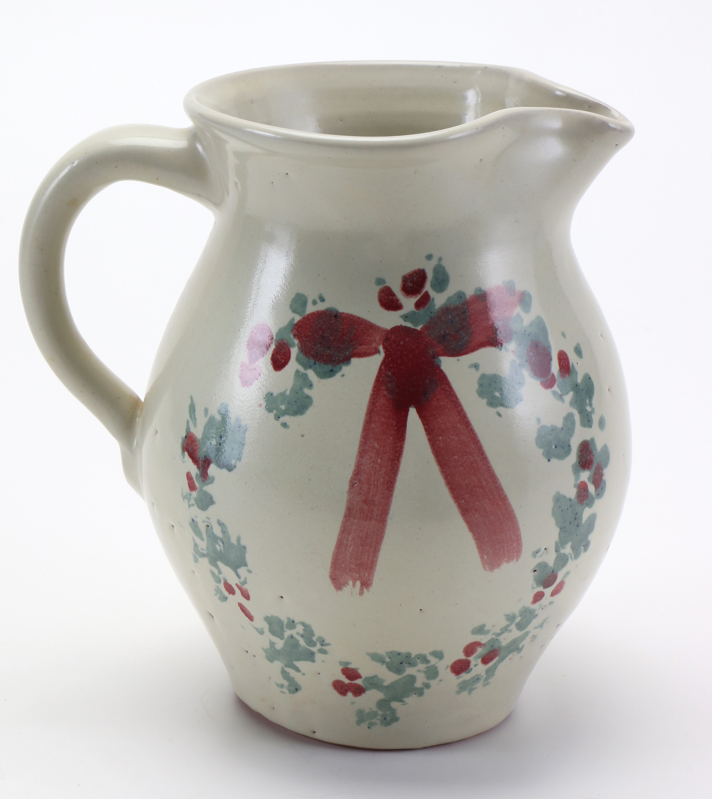 Hand Thrown Pottery Pitcher With Christmas Wreath