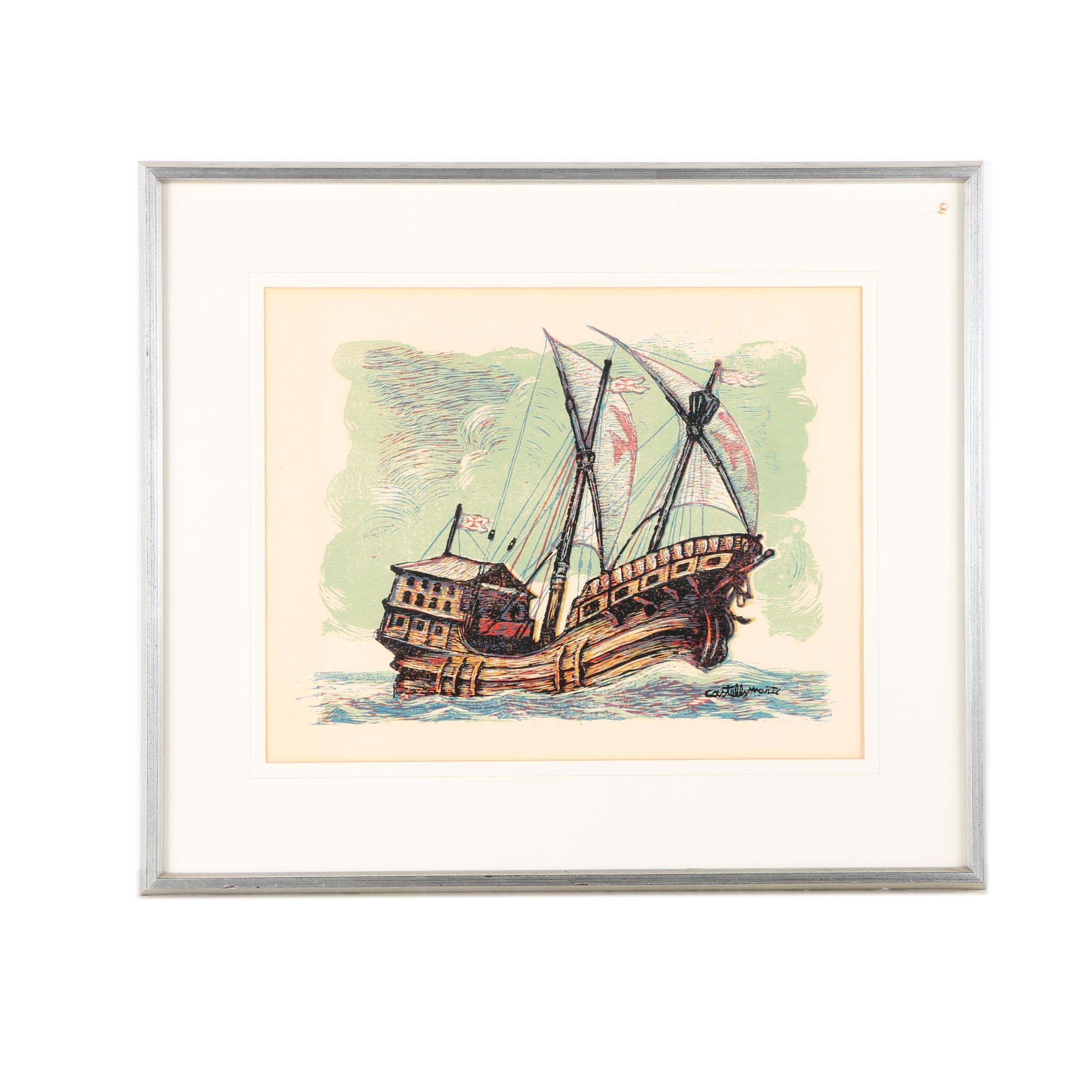Juan Castells Martí Woodblock Print on Paper of a Caravel