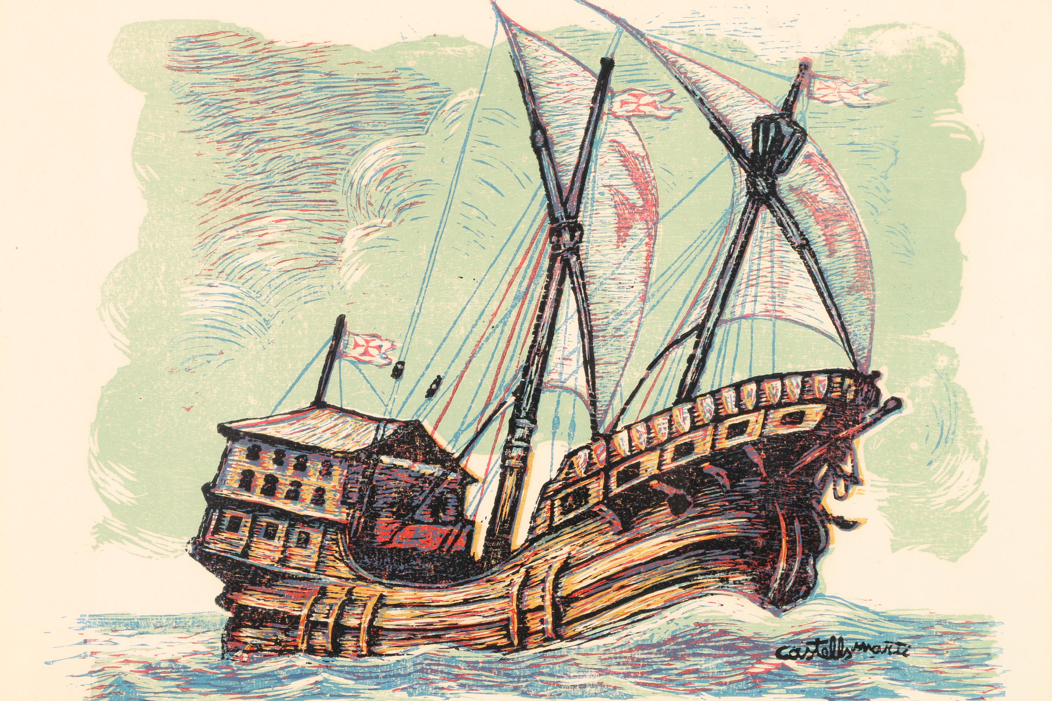 Juan Castells Martí Woodblock Print on Paper of a Caravel