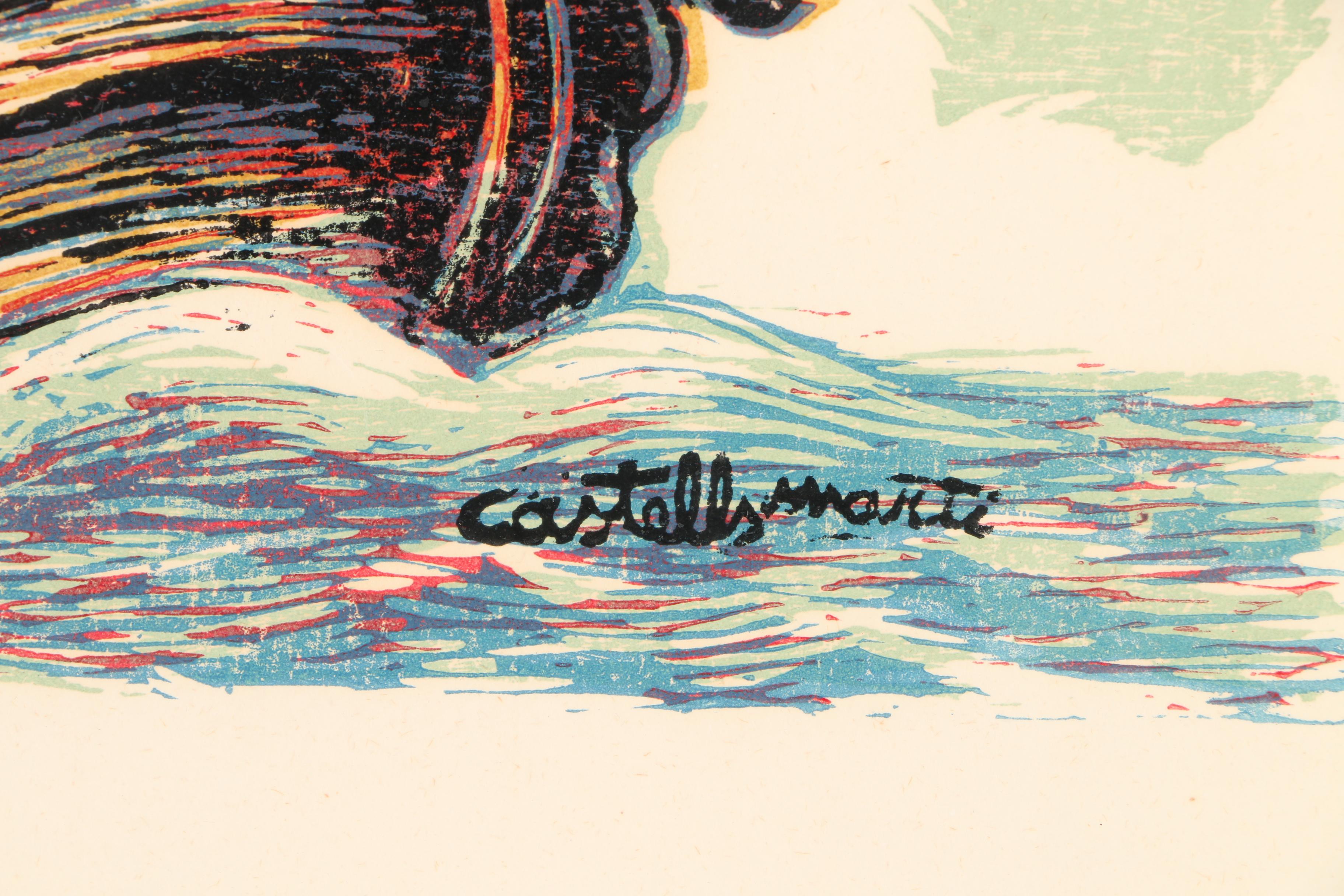 Juan Castells Martí Woodblock Print on Paper of a Caravel