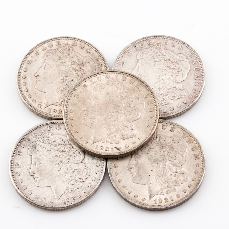 Five 1921 Morgan Silver Dollars