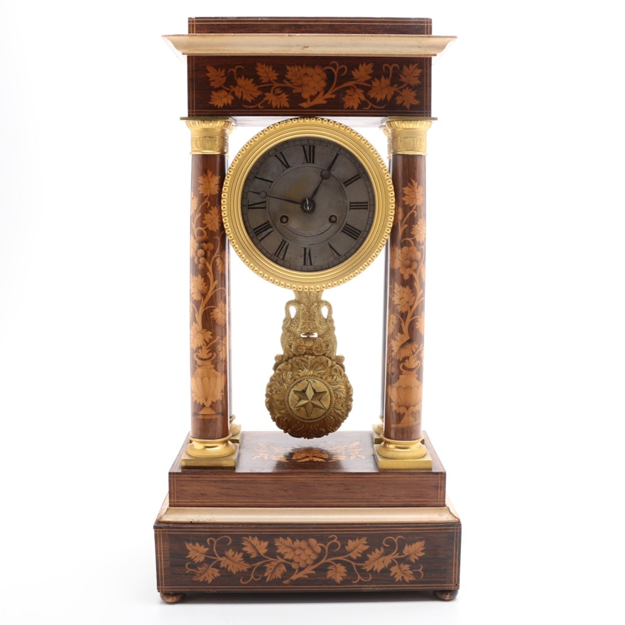 Antique Marquetry Portico Clock by Laine à Paris