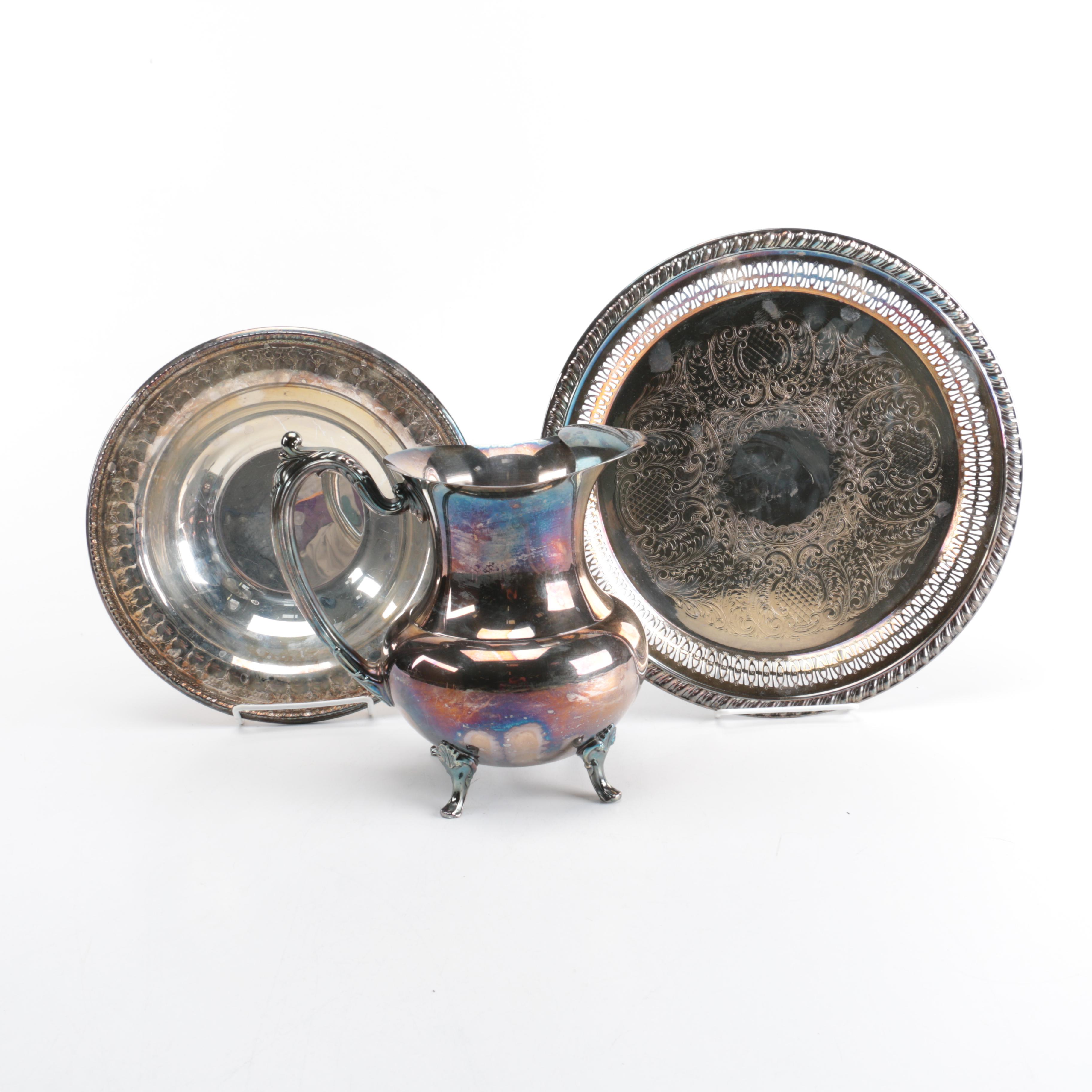 Silver Plate Pitcher, Serving Tray, and Bowl
