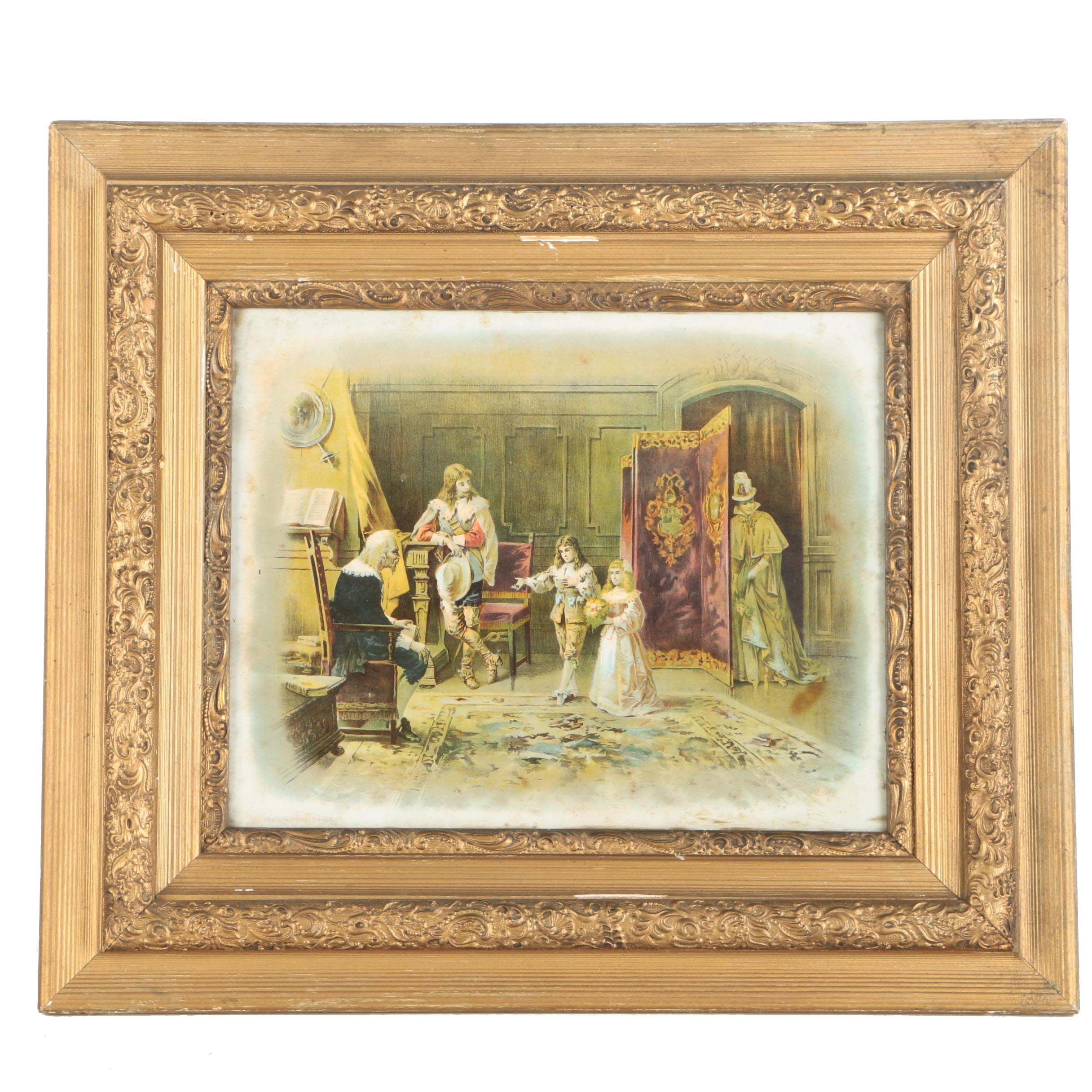 Framed Offset Lithograph "Grandfathers Birthday"