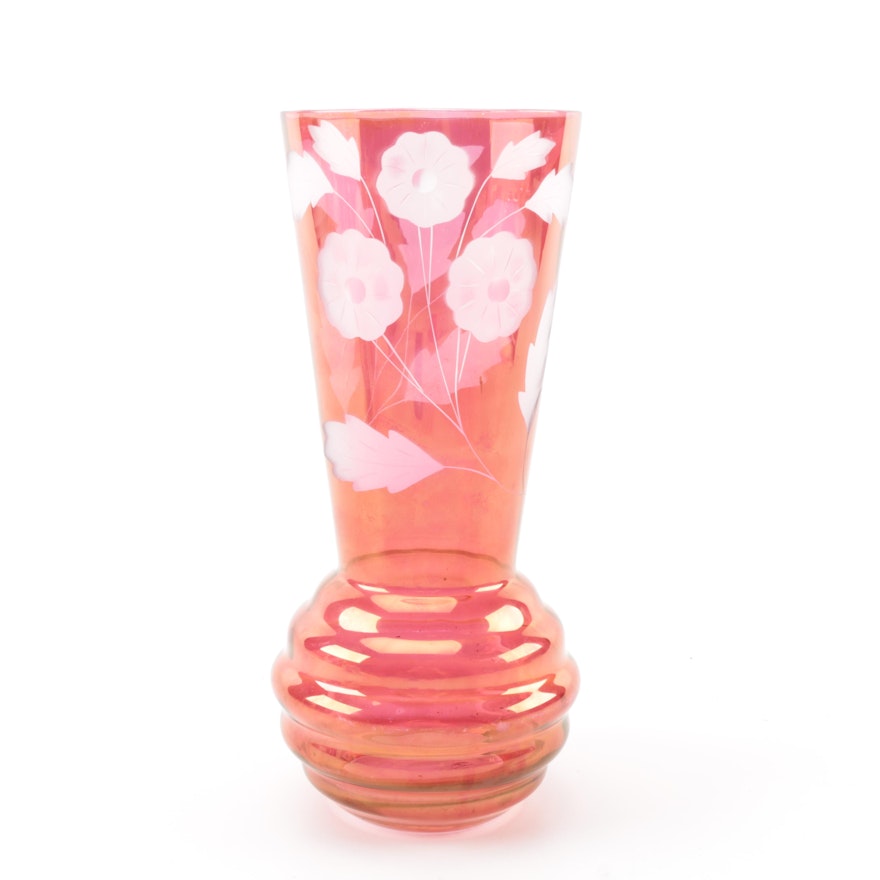 Vintage Red Floral Etched Glass Vase