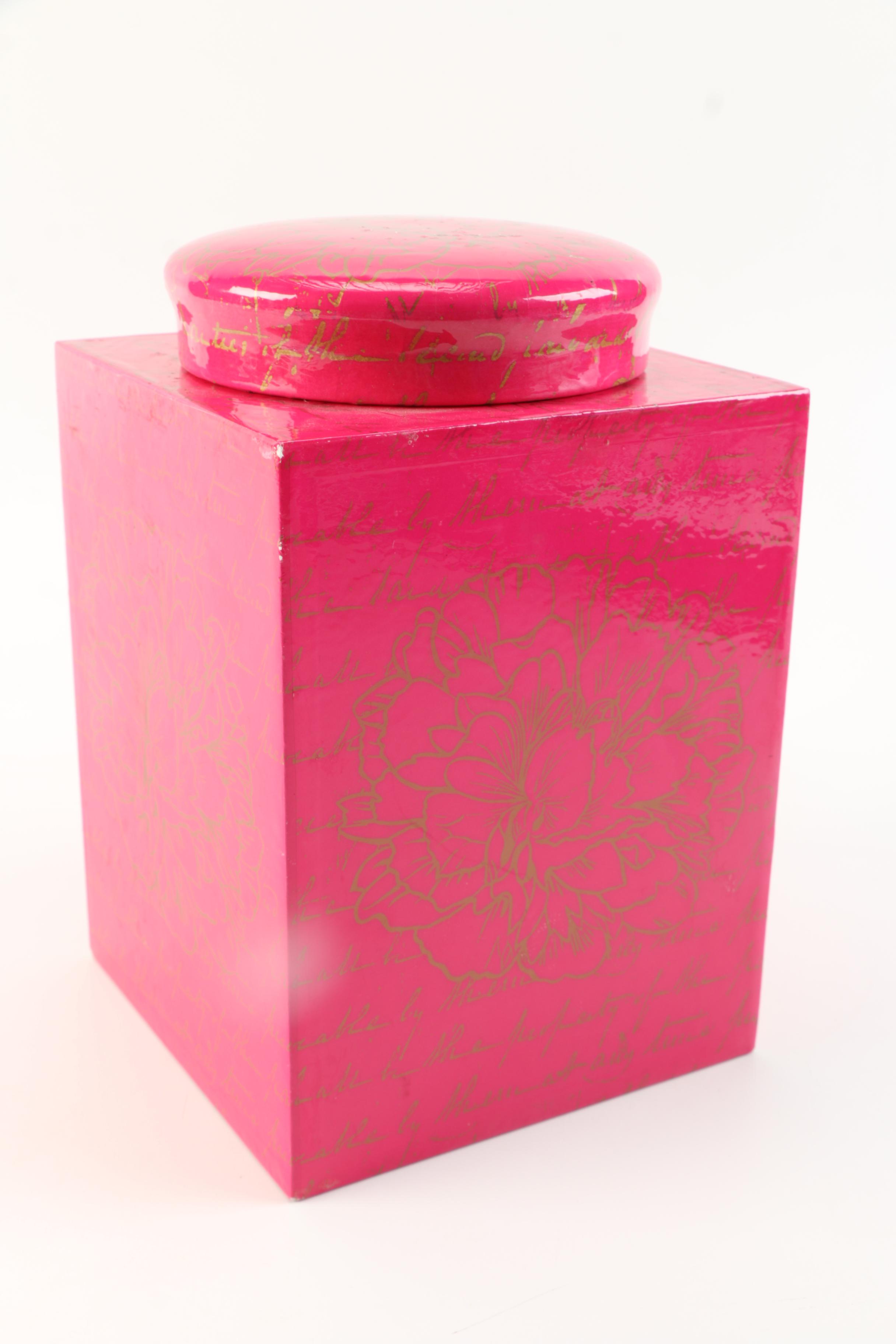 Bright Pink and Gold Vessel and Lid and Mid-Century Glass Dish