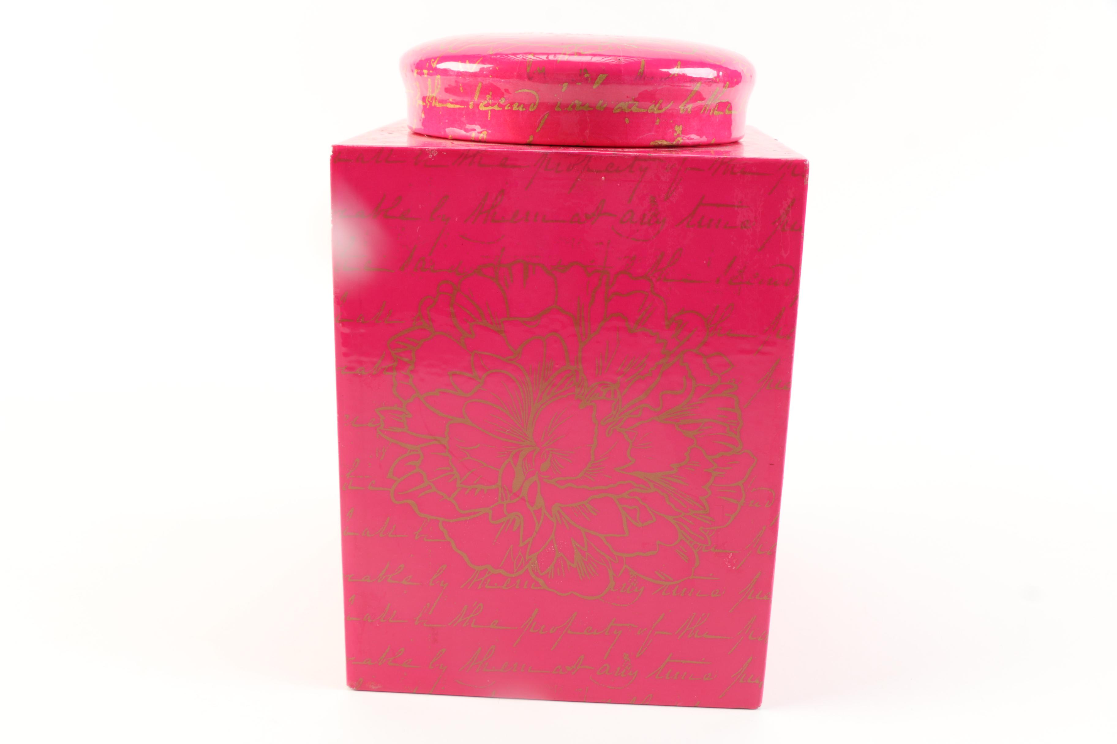 Bright Pink and Gold Vessel and Lid and Mid-Century Glass Dish