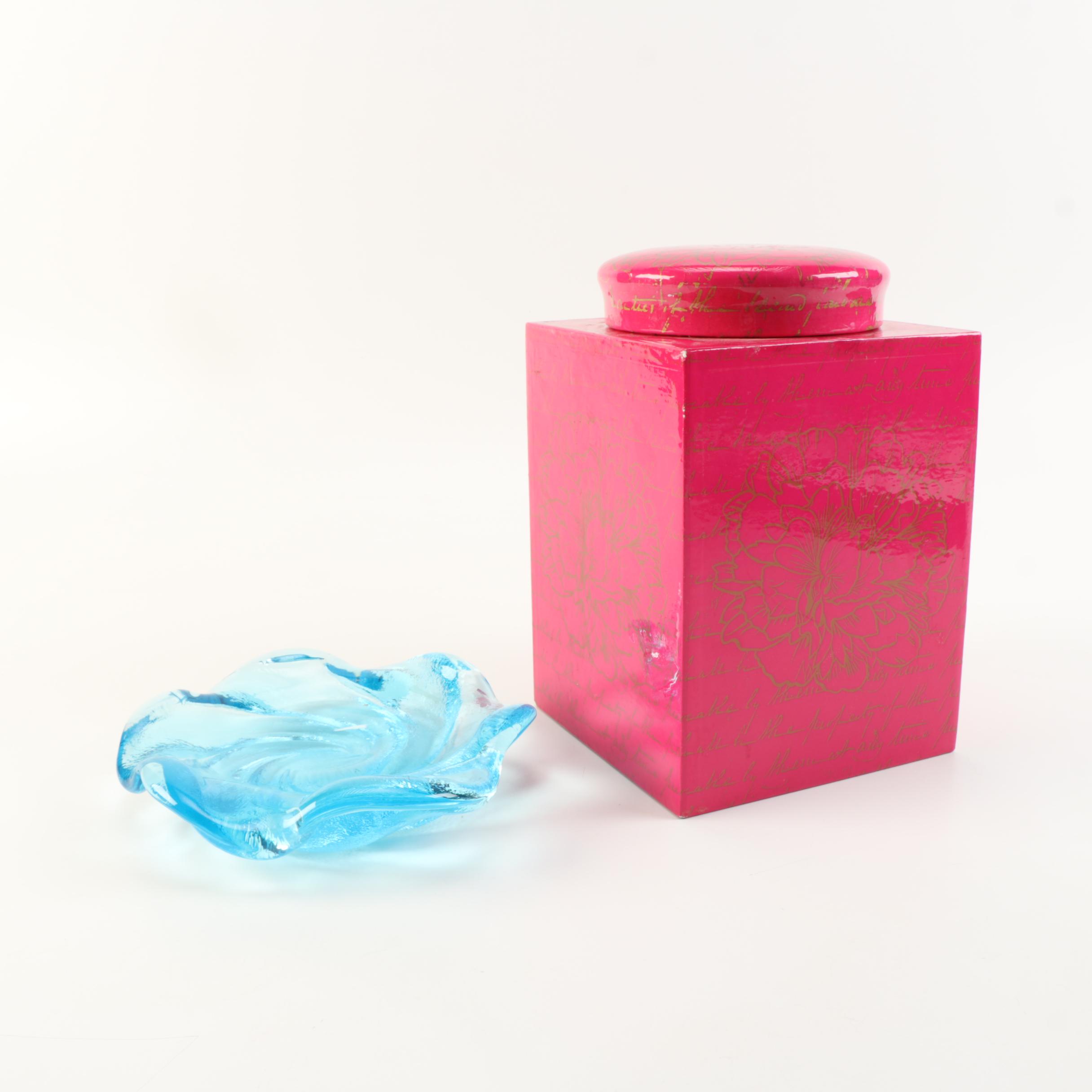 Bright Pink and Gold Vessel and Lid and Mid-Century Glass Dish