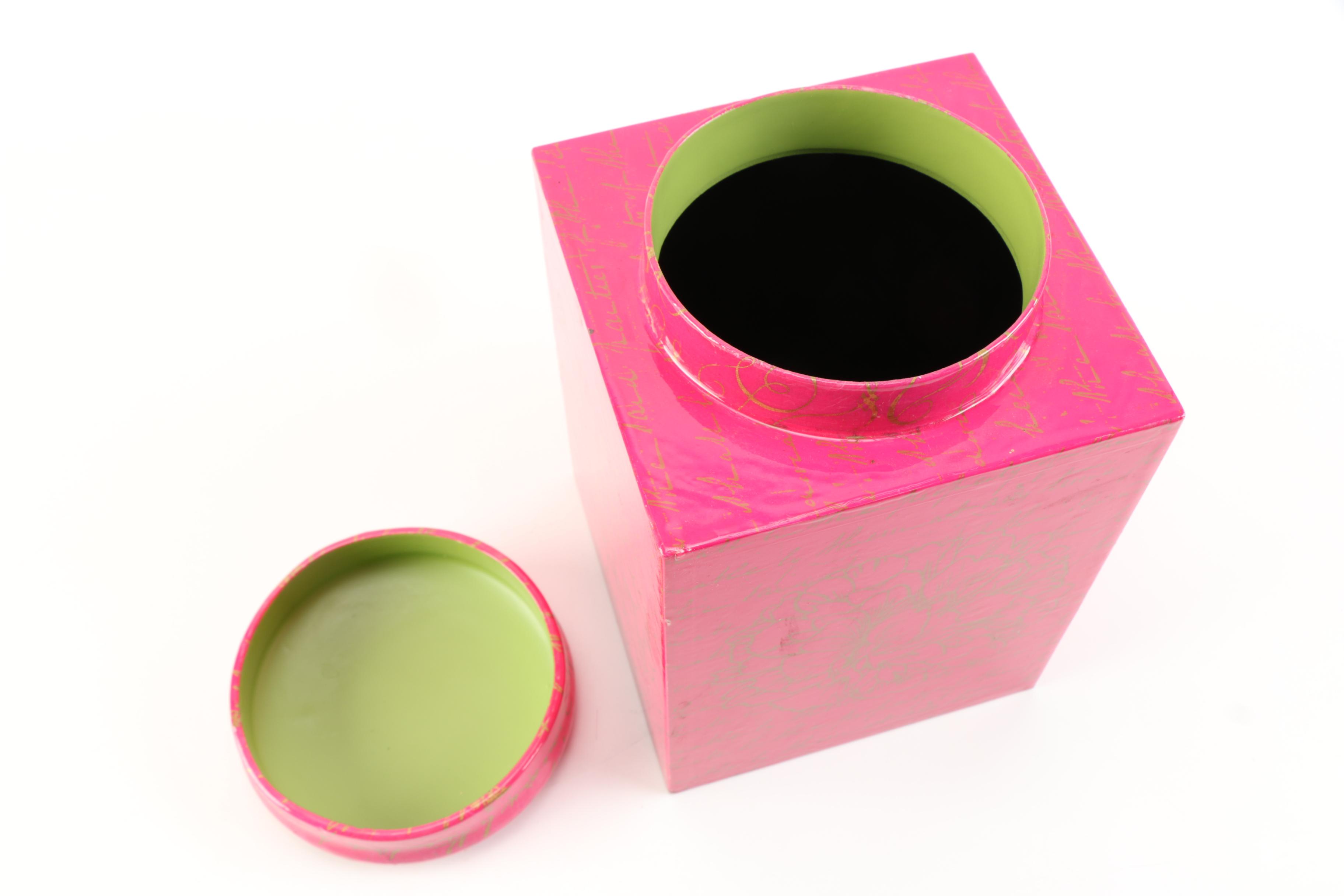 Bright Pink and Gold Vessel and Lid and Mid-Century Glass Dish