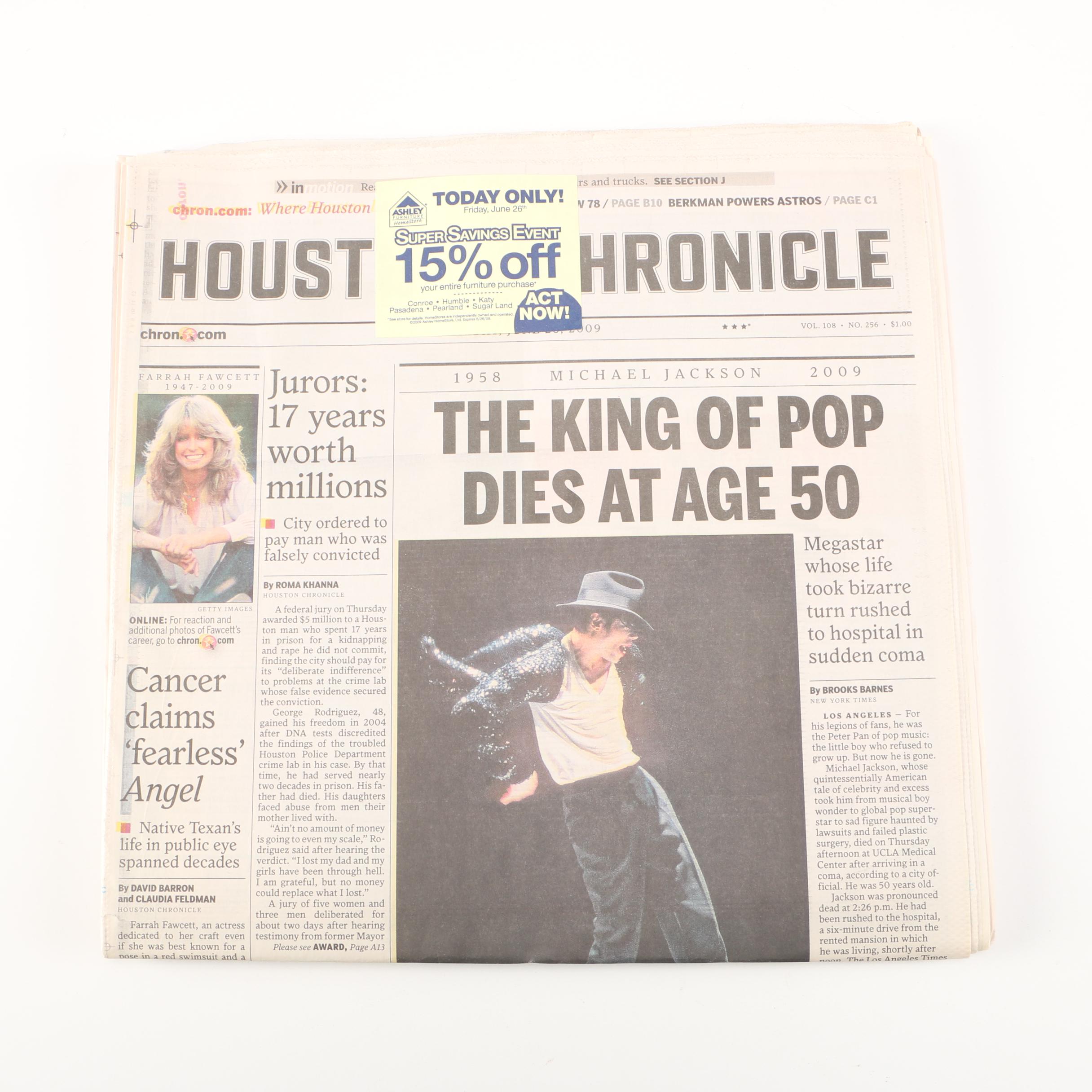 Friday June 26, 2009 Edition of "Houston Chronicle" Vol. 108, No. 256 Newspaper