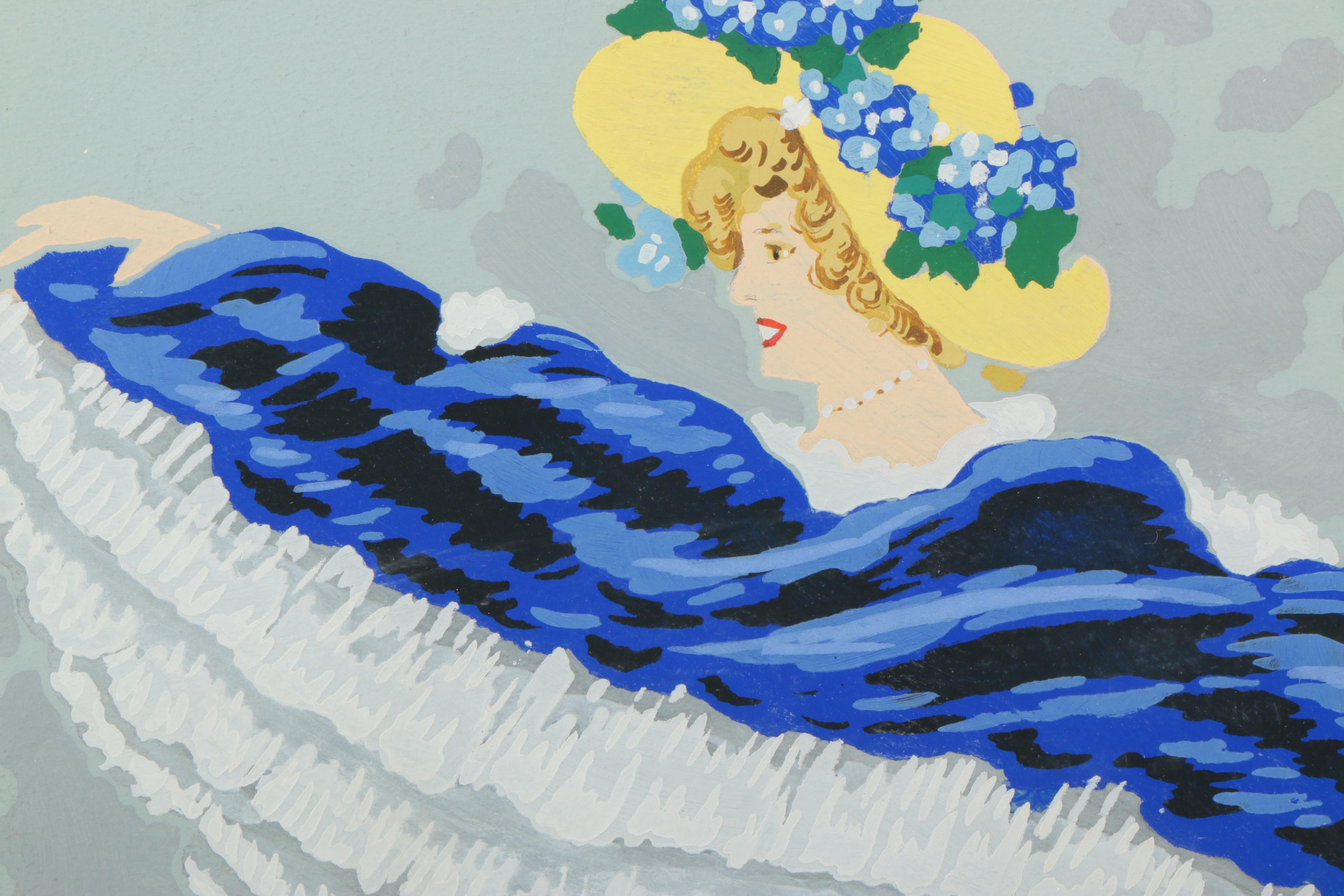 Tornier Gouache Painting on Paper of Can-Can Dancer in Blue