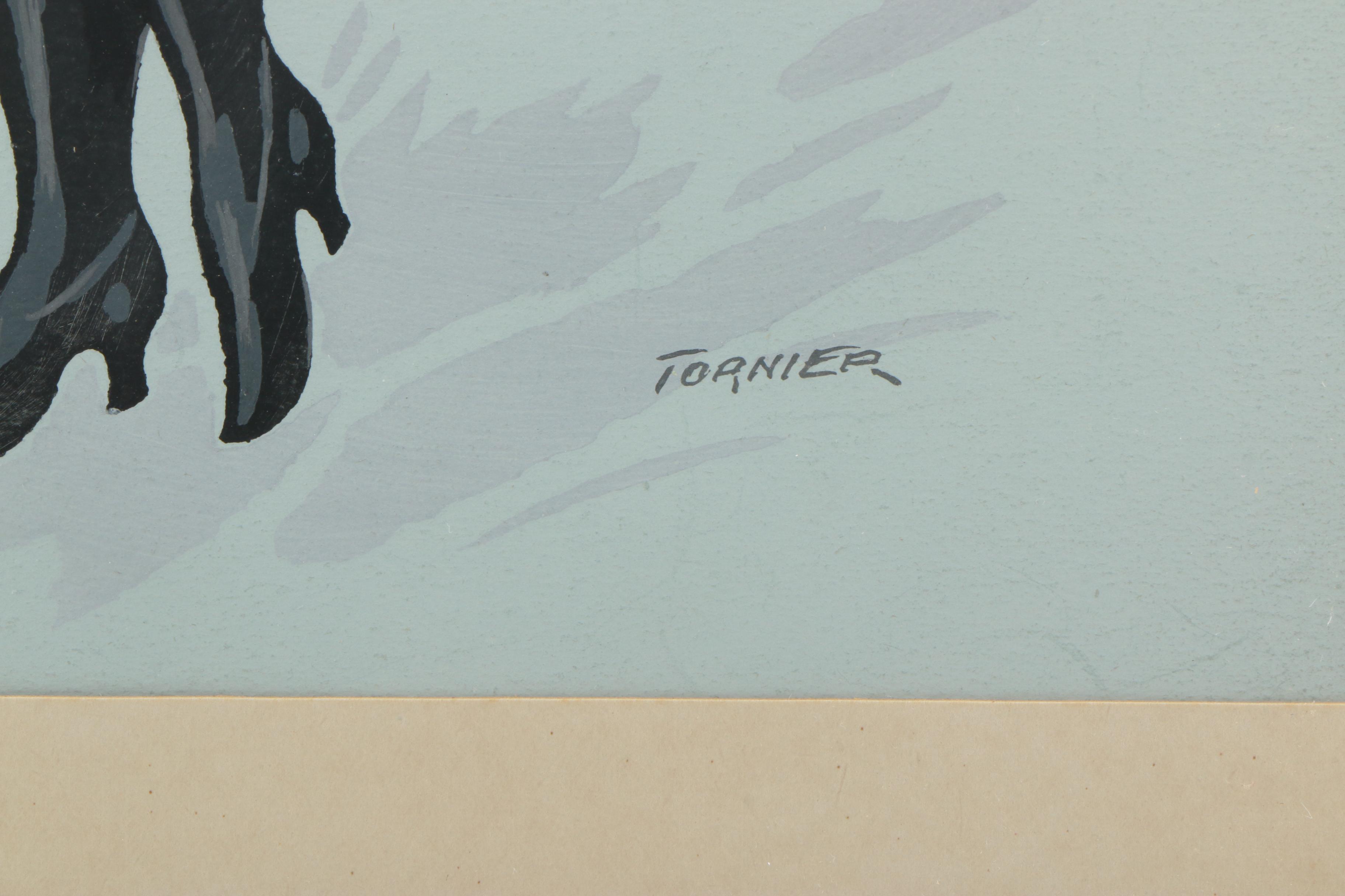 Tornier Gouache Painting on Paper of Can-Can Dancer in Blue